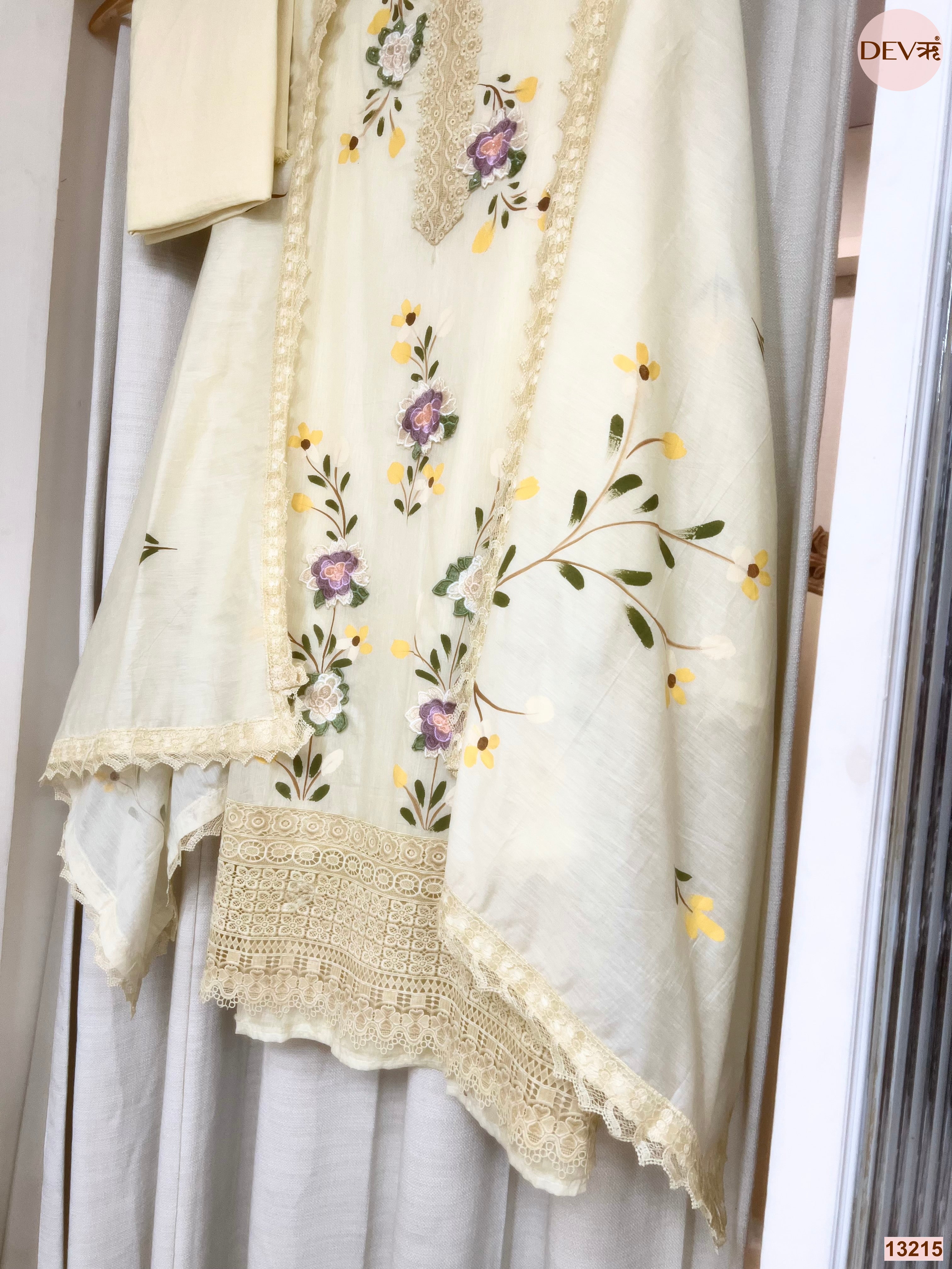 Lemon Mul Chanderi Embroidered Unstitched 3-Piece Suit (Devri – D.No 13215)
