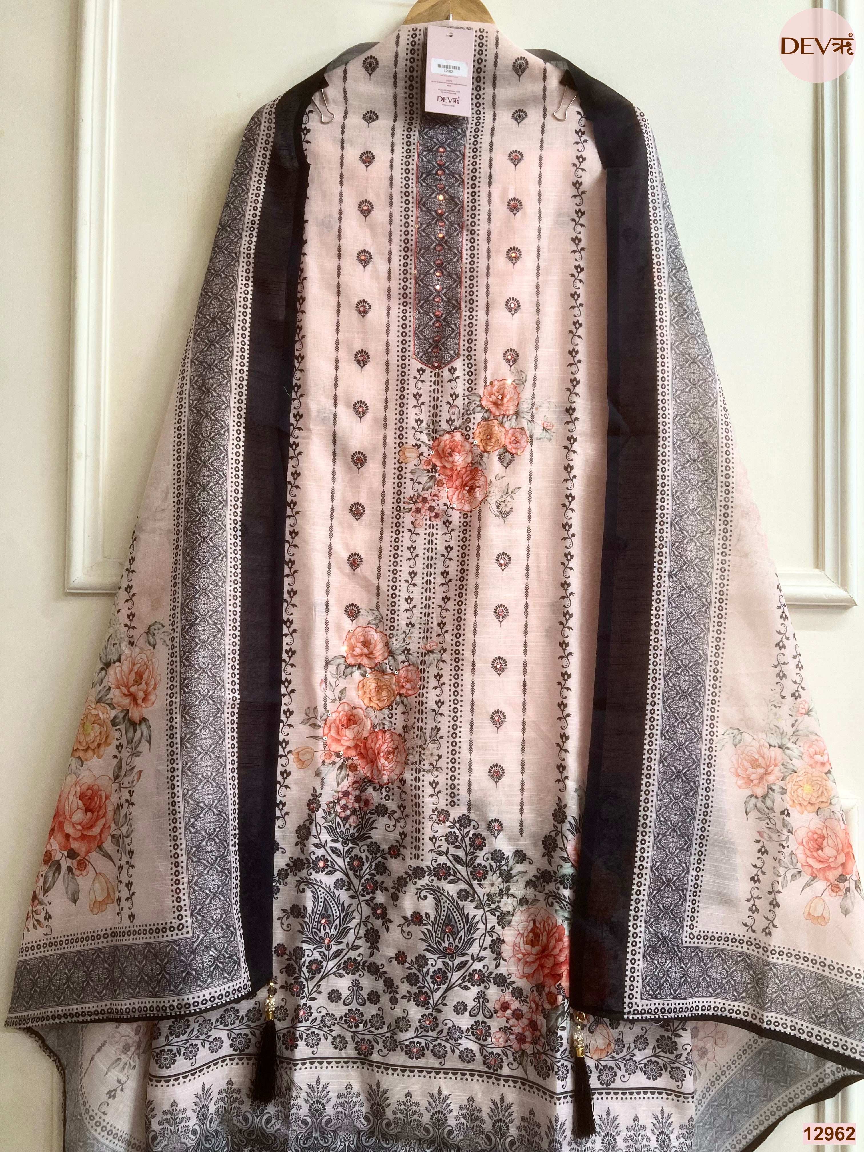 Peach Linen Cotton Printed Unstitched 3-Piece Suit (Devri – D.No 12962)