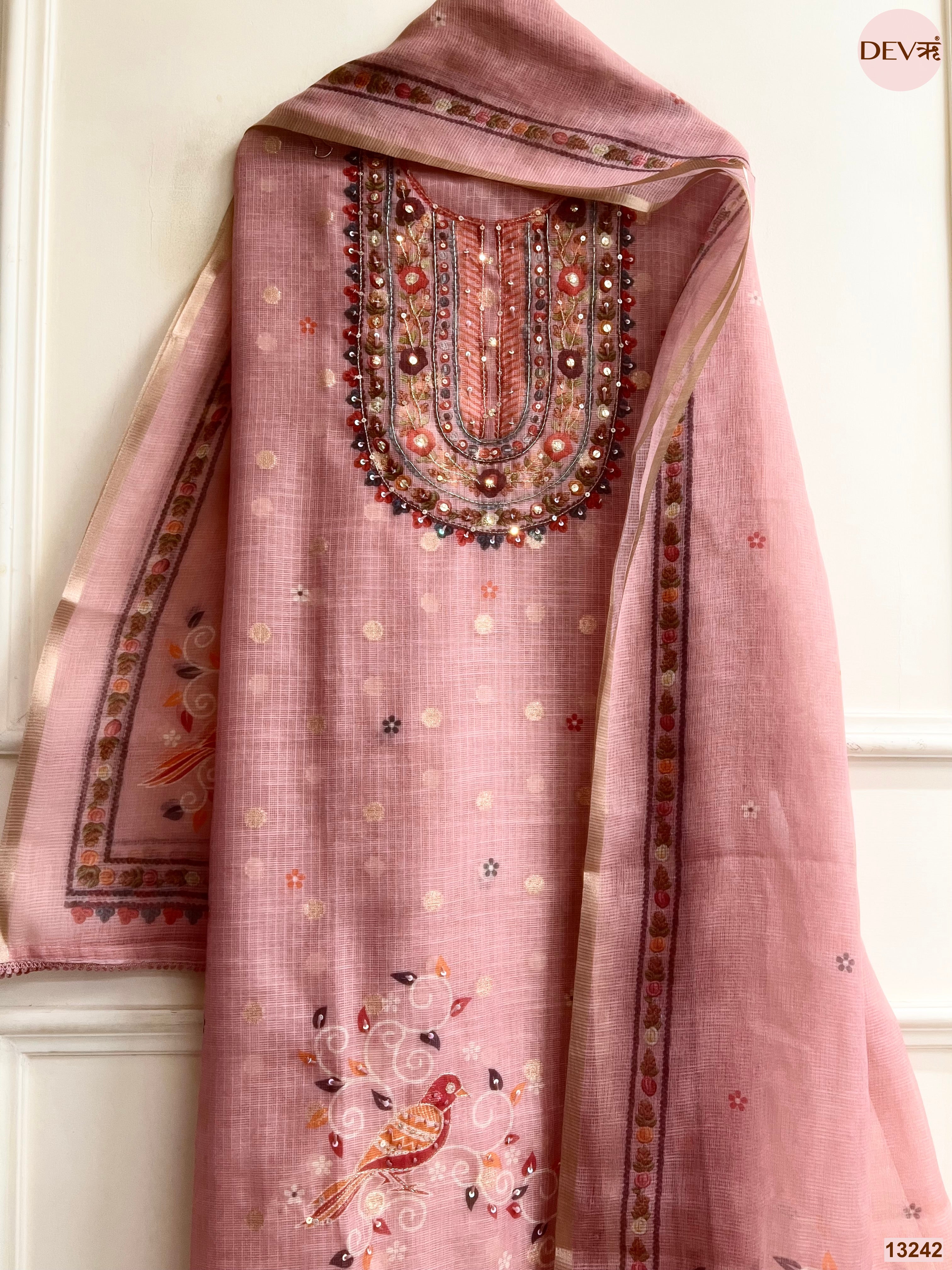Pink Kota Printed Unstitched 3-Piece Suit (Devri – D.No 13242)