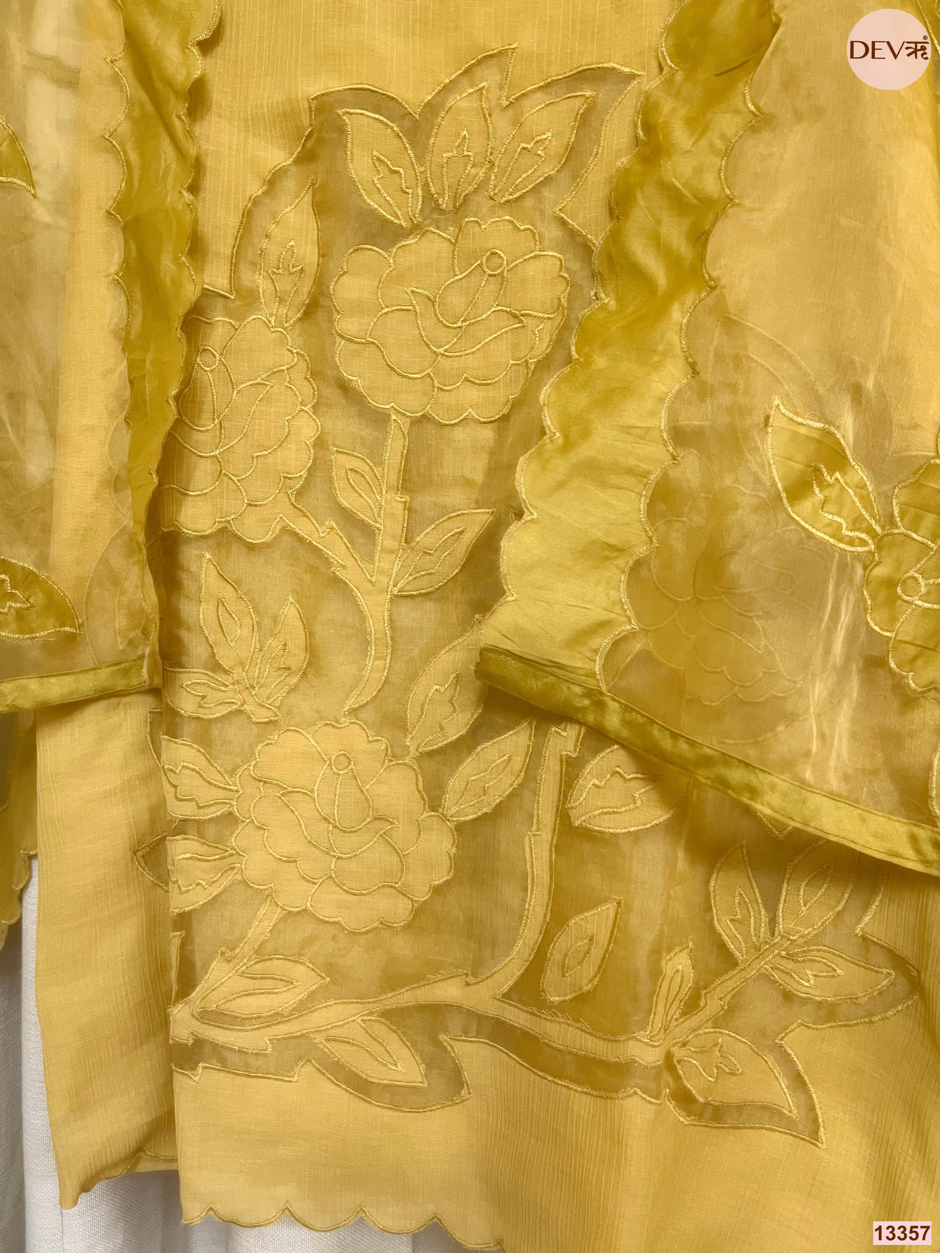 Yellow Mul Chanderi Embroidered Unstitched 3-Piece Suit (Devri – D.No 13357)