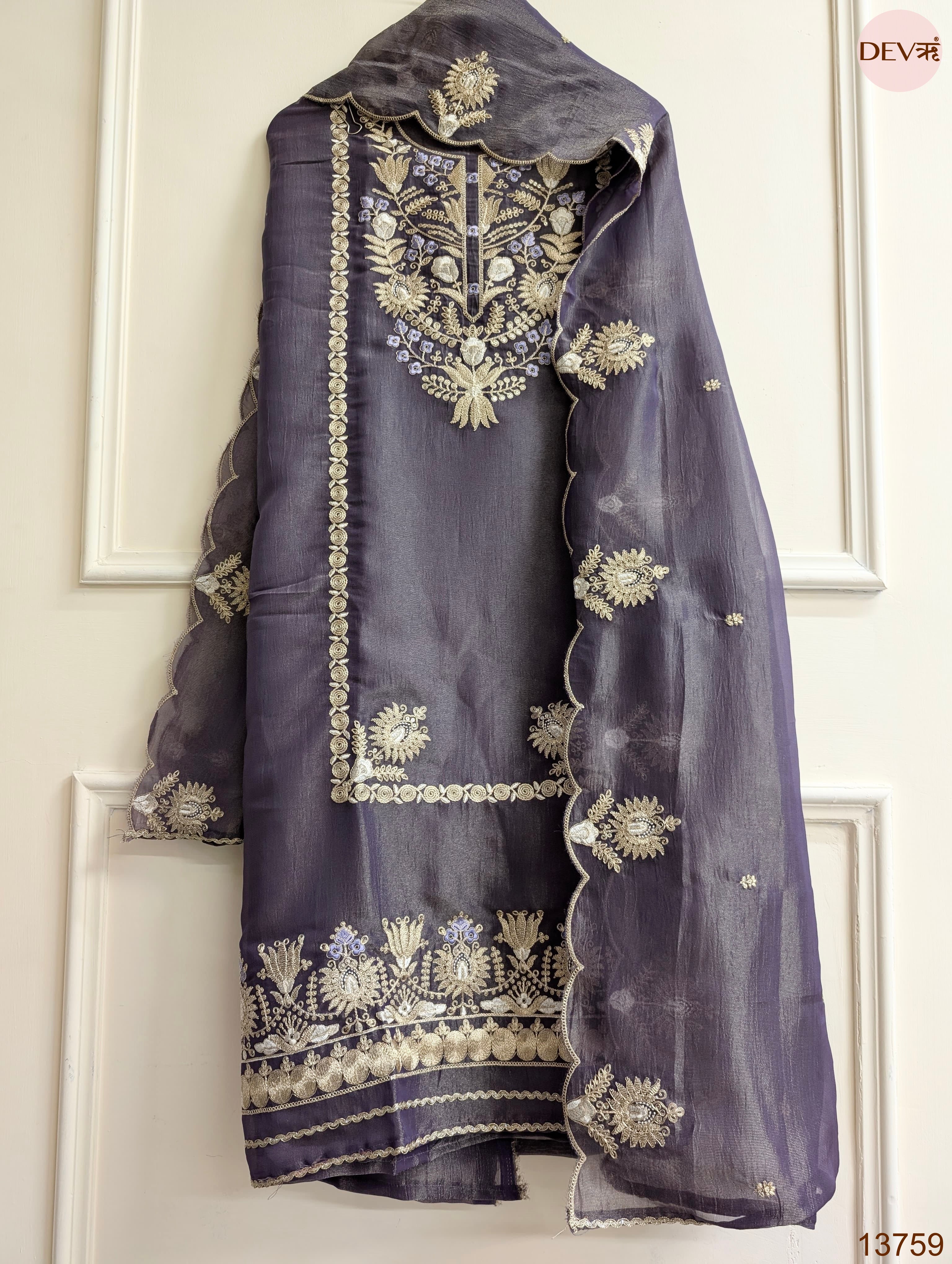 Purple Pure Tissue Silk Embroidered Unstitched 3-Piece Suit (Devri – D.No 13759)