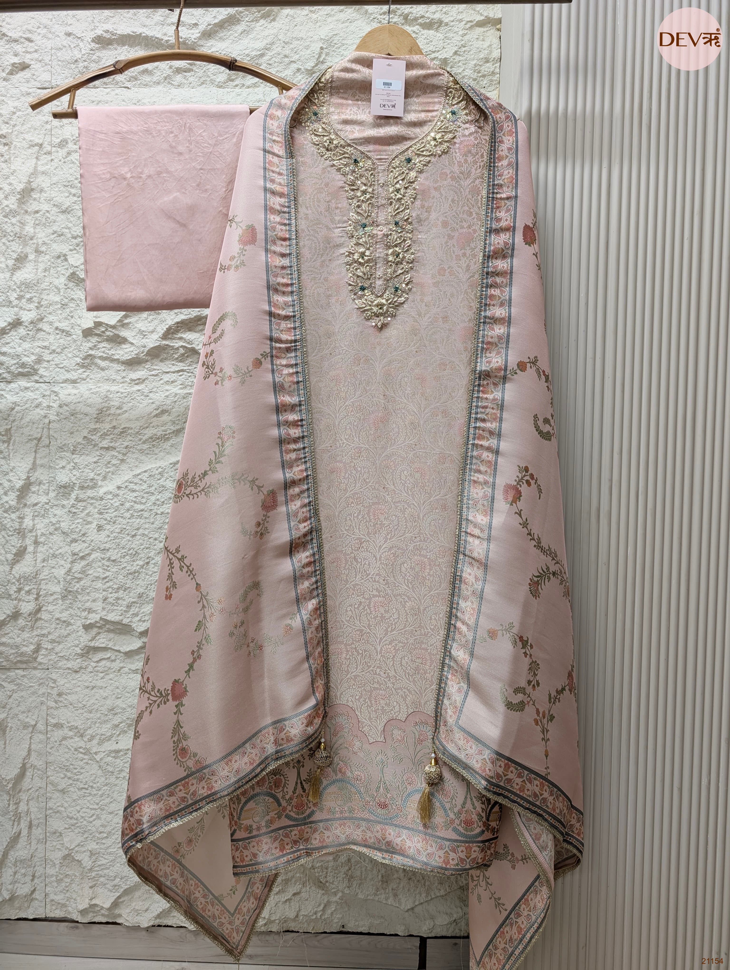Pink Pure Banarasi Woven Silk Embroidered Unstitched 3-Piece Suit (Devri – D.No 21154)