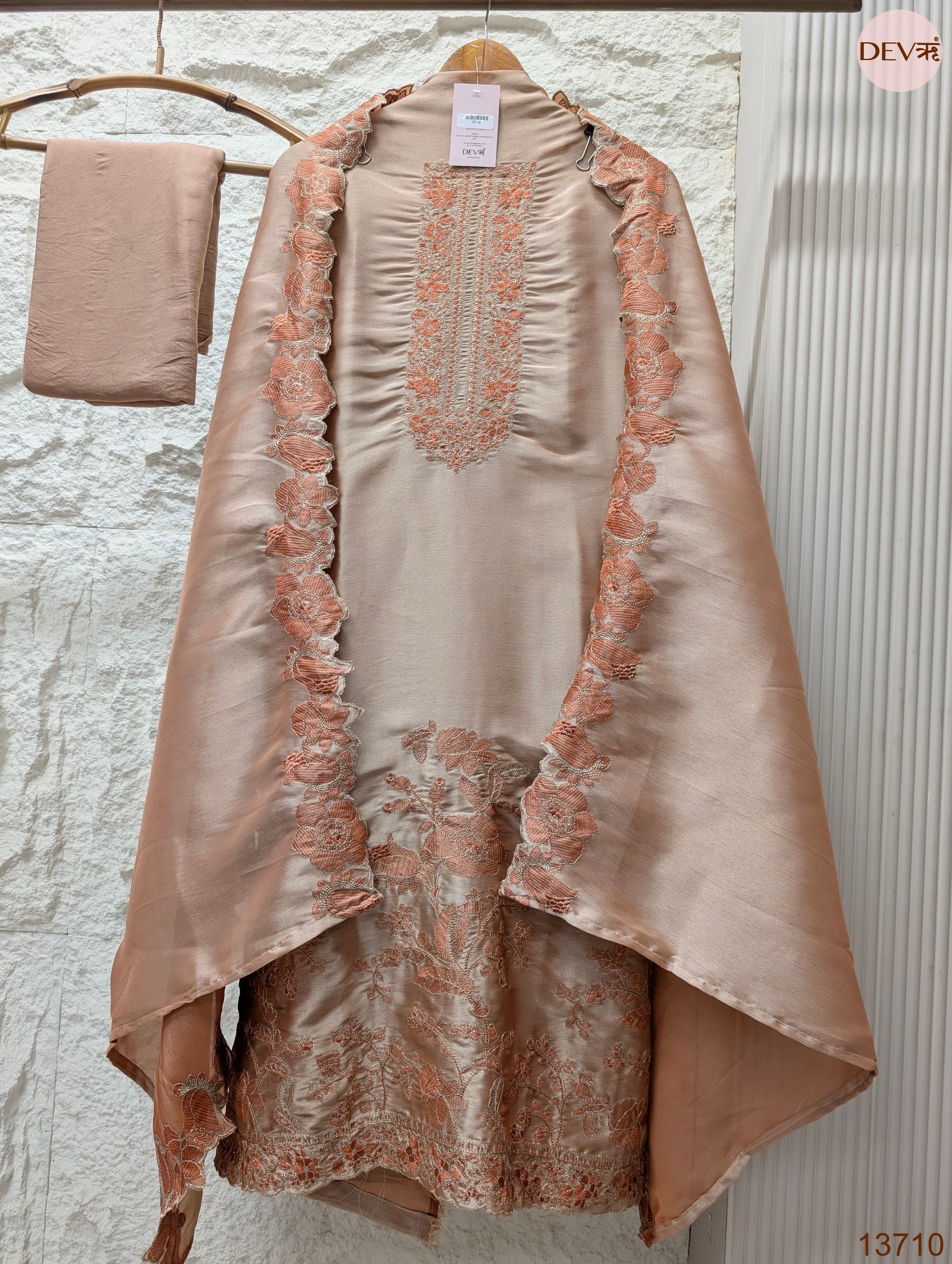 Peach Silk Blend Embroidered Unstitched 3-Piece Suit (Devri – D.No 13710)