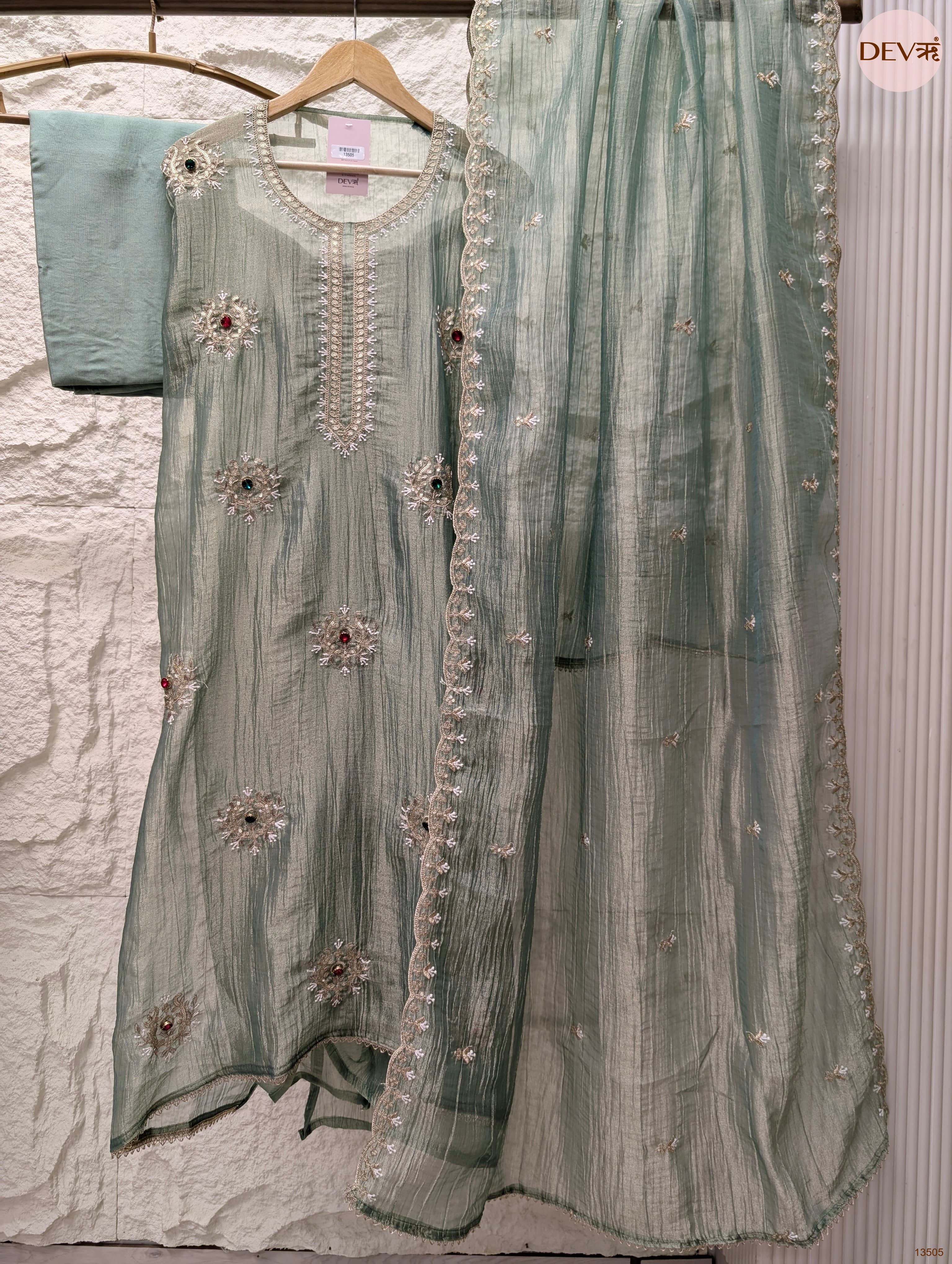 Green Tissue Crush Silk Embroidered Unstitched 3-Piece Suit (Devri – D.No 13505)