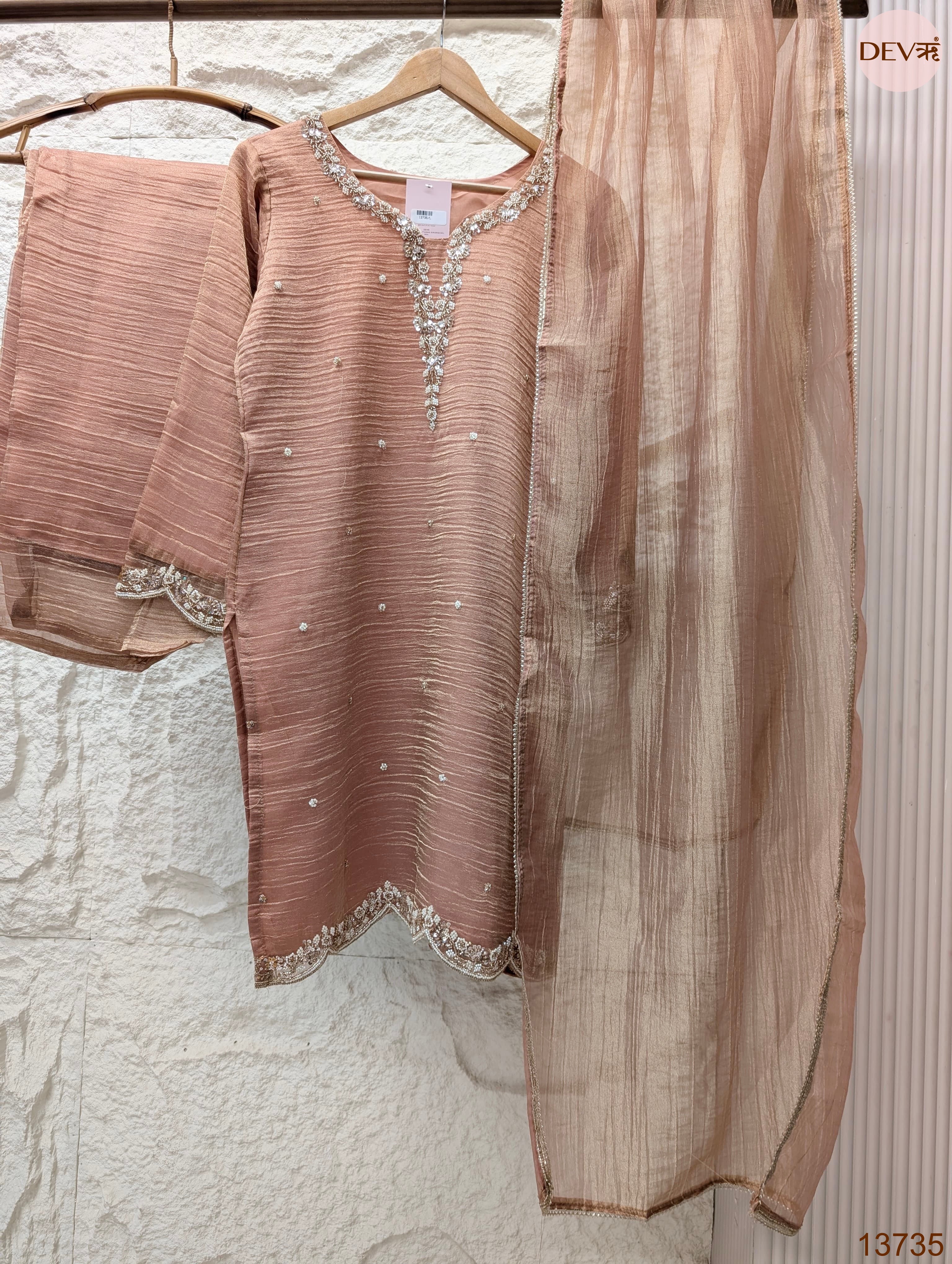 Gulnaar Tissue crush Silk Embroidered Blush Pink 3-Piece Set (Devri – D.No 13735)
