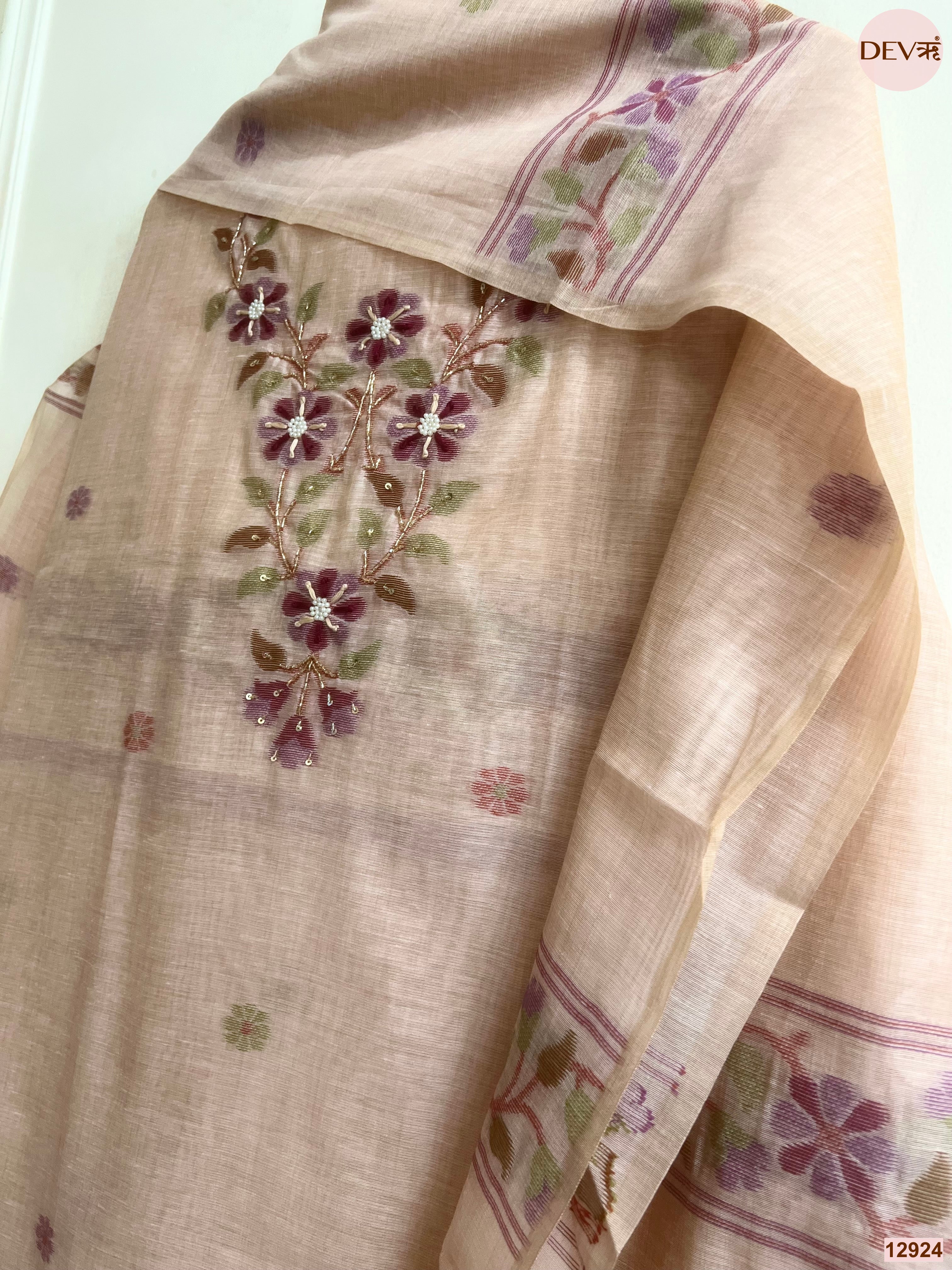 Peach Jamdani Cotton Embroidered Unstitched 3-Piece Suit (Devri – D.No 12924)