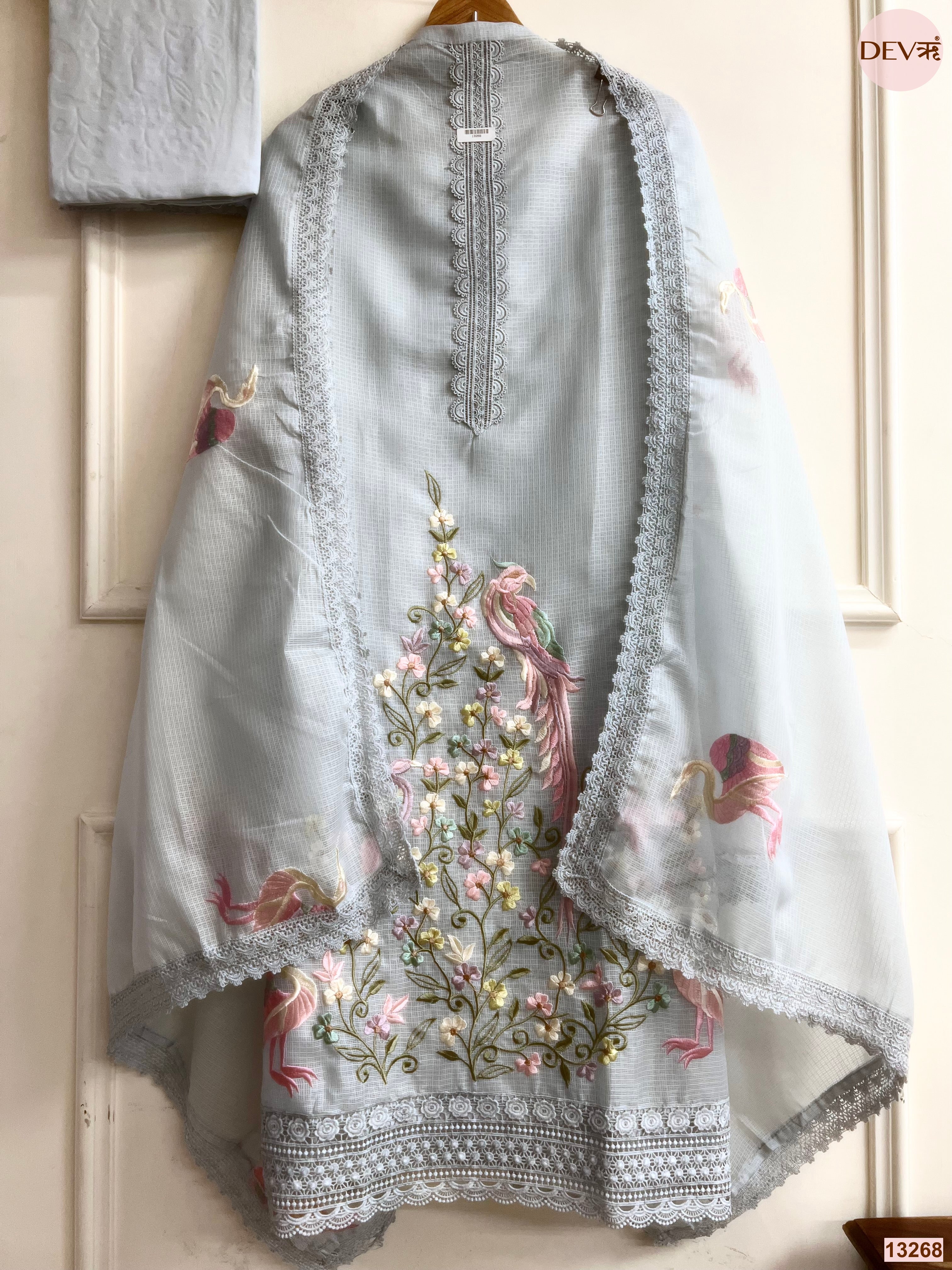 Grey Kota Cotton Embroidered Unstitched 3-Piece Suit (Devri – D.No 13268)
