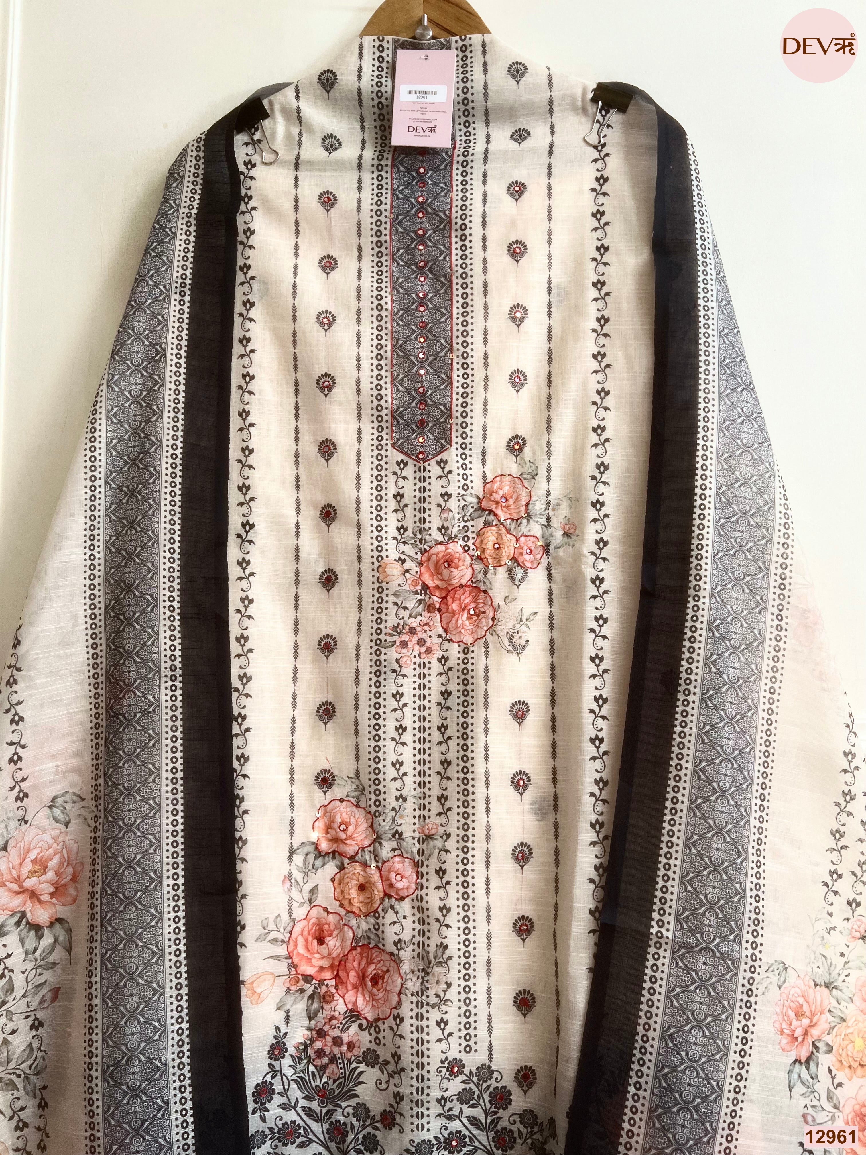 Cream Linen Cotton Printed Unstitched 3-Piece Suit (Devri – D.No 12961)