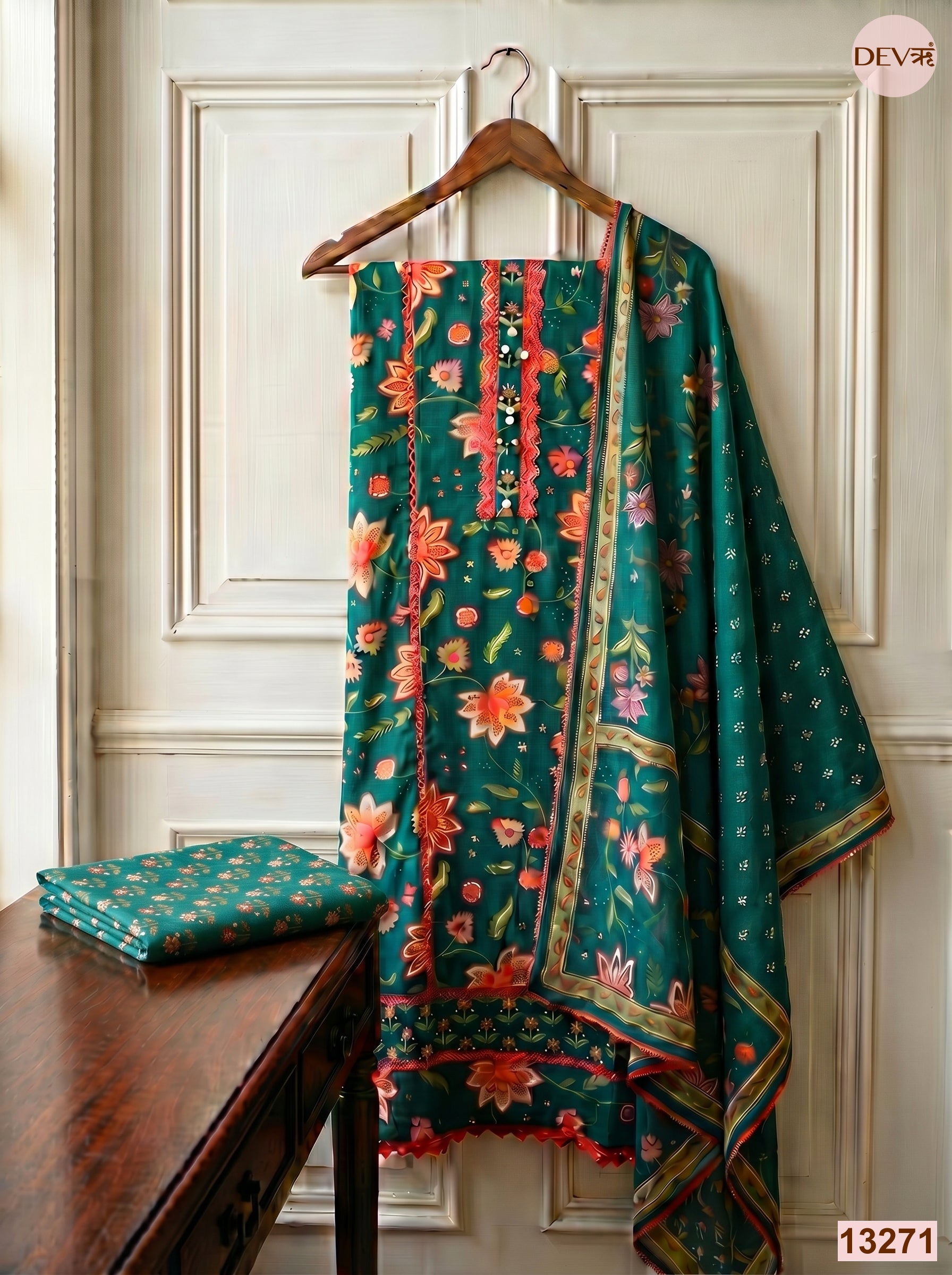 Teal Cotton Printed Unstitched 3-Piece Suit (Devri – D.No 13271)
