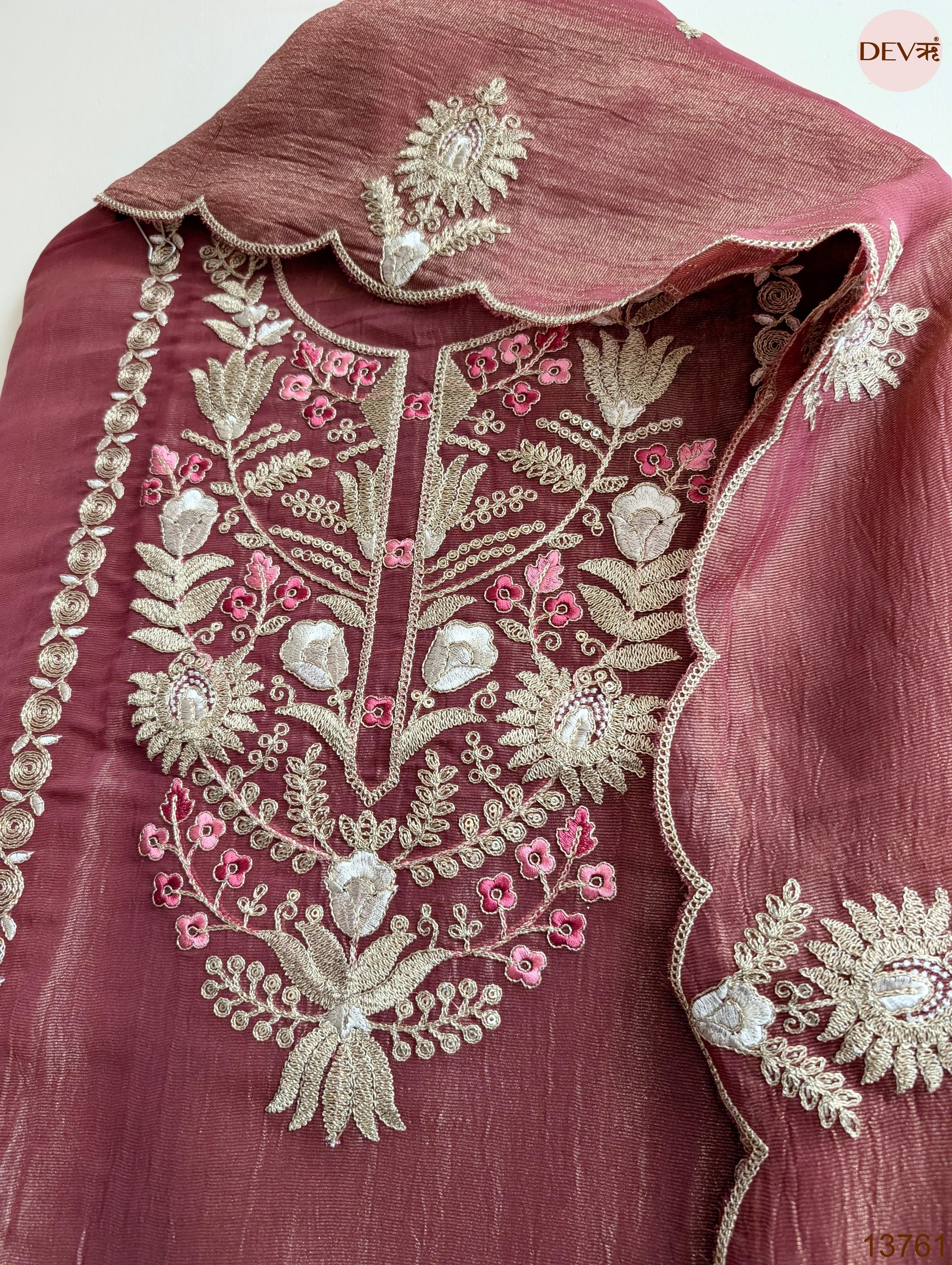 Mauve Pure Tissue Silk Embroidered Unstitched 3-Piece Suit (Devri – D.No 13761)