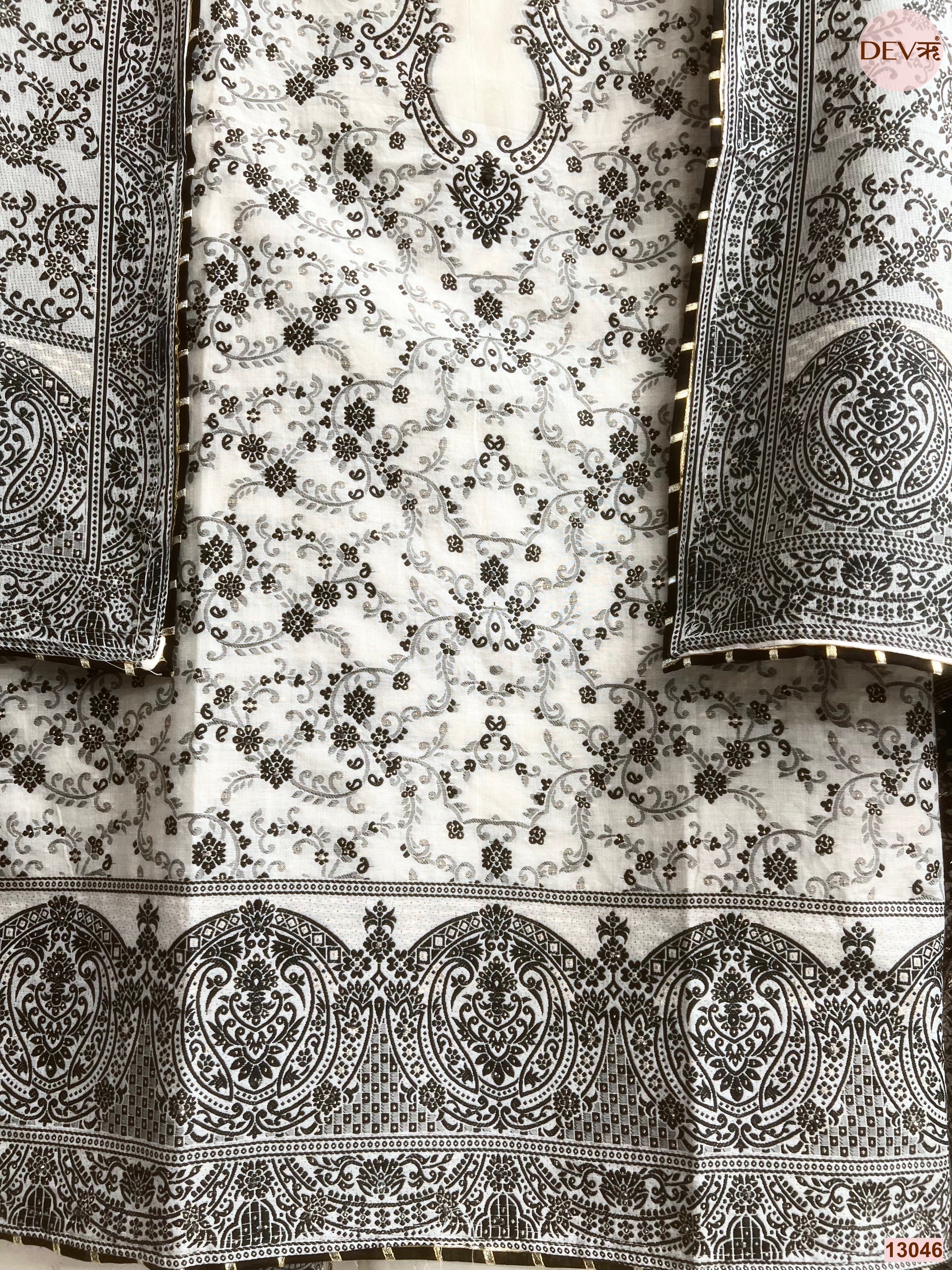 White Cotton Jamdani Printed Unstitched 3-Piece Suit (Devri – D.No 13046)