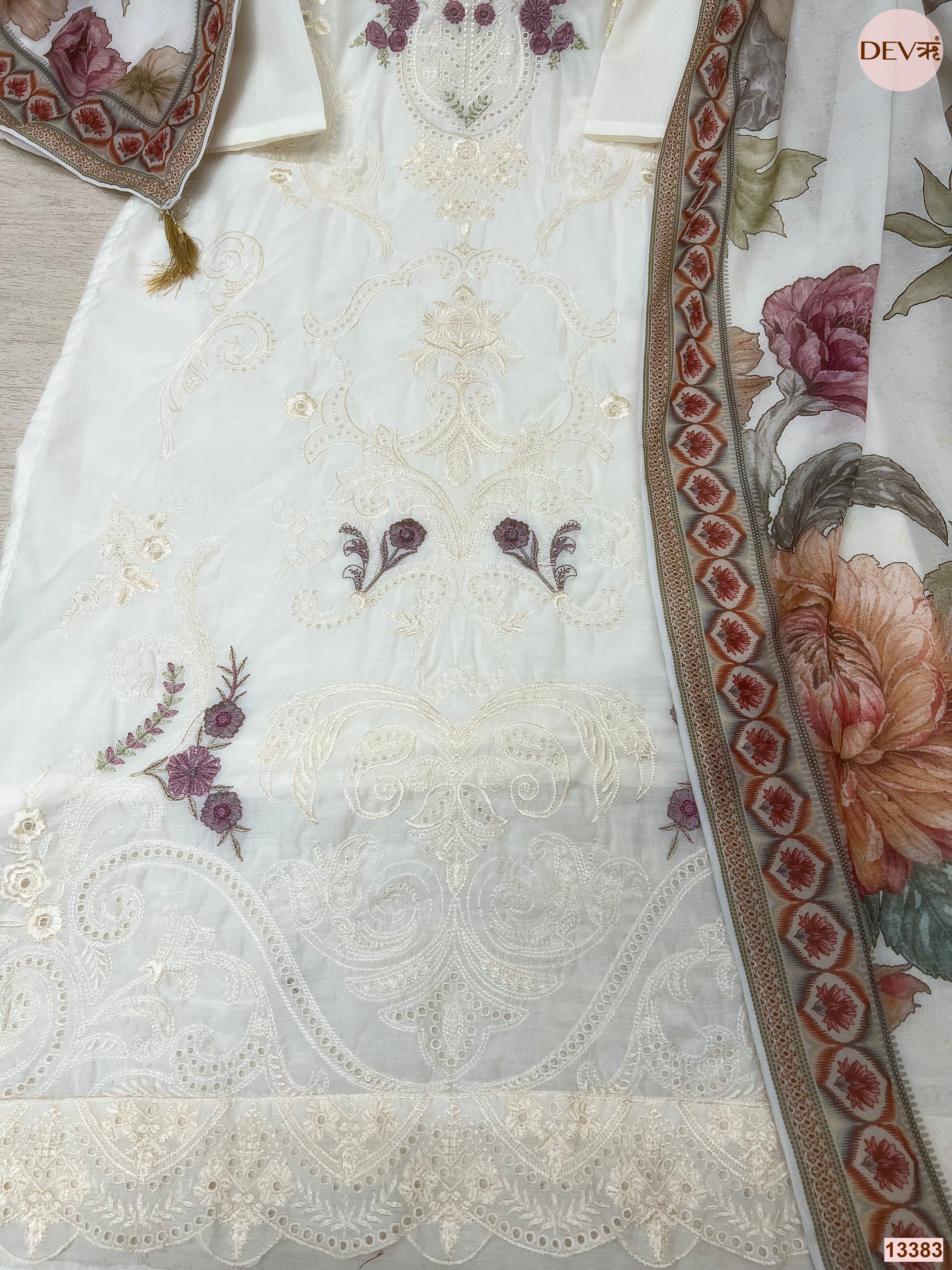 Gulnaar Pure Mul Cotton Embroidered Off-White 3-Piece Set (Devri – D.No 13383)