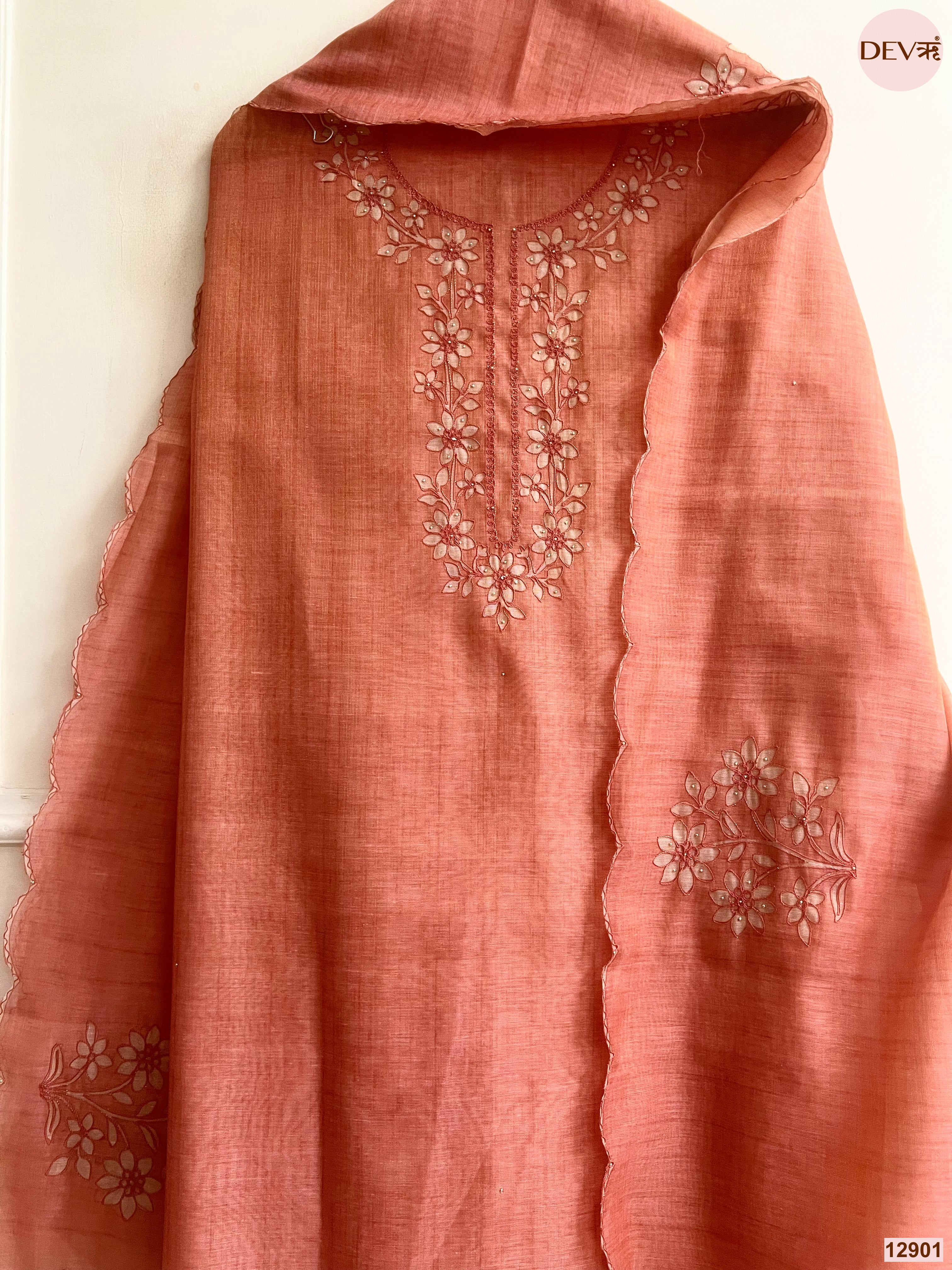 Peach Linen Embroidered Unstitched 3-Piece Suit (Devri – D.No 12901)