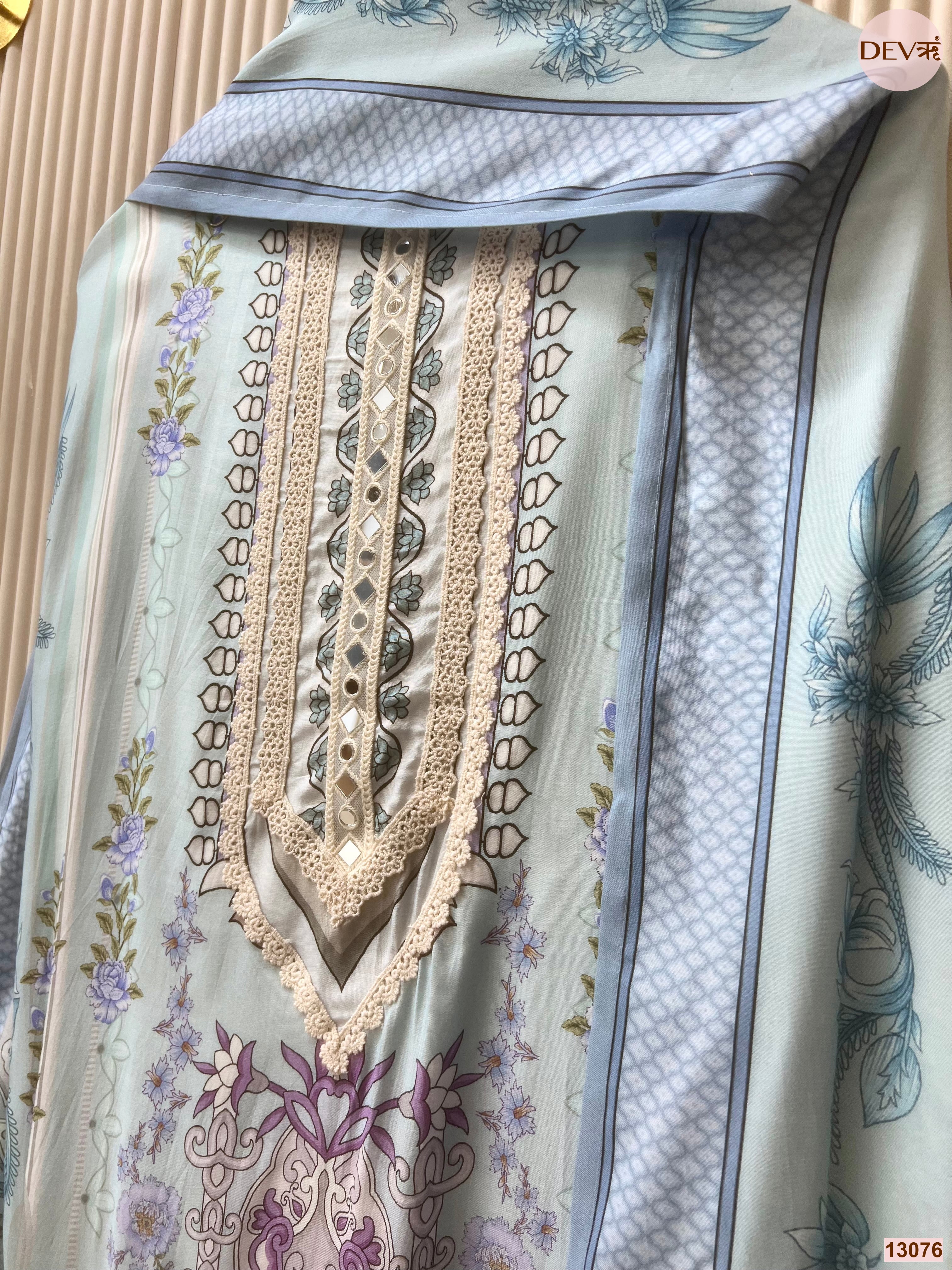 Blue Muslin Printed Unstitched 3-Piece Suit (Devri – D.No 13076)