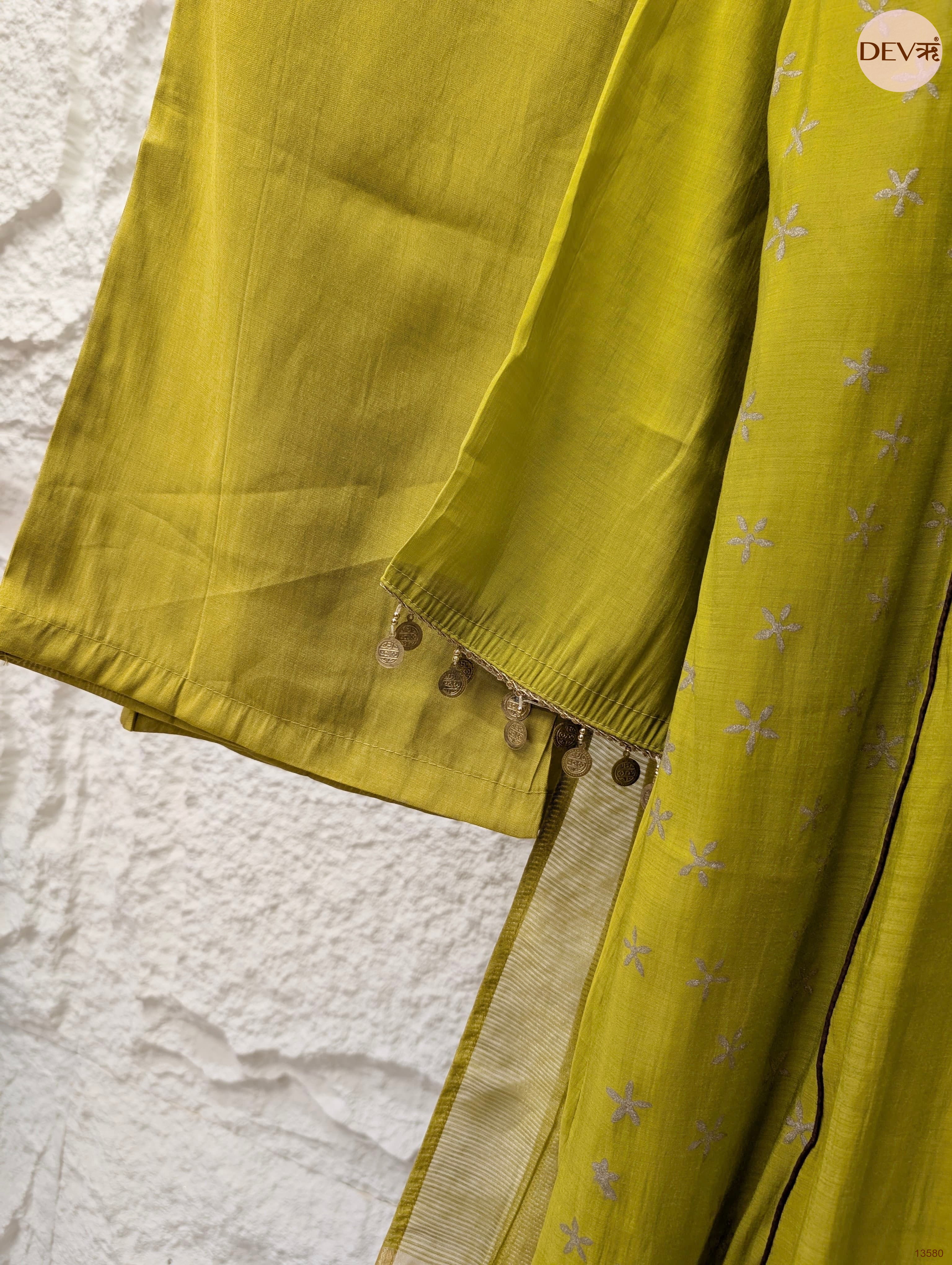 Gulnaar Mul Chanderi Embroidered Lime Green 3-Piece Set (Devri – D.No 13580)