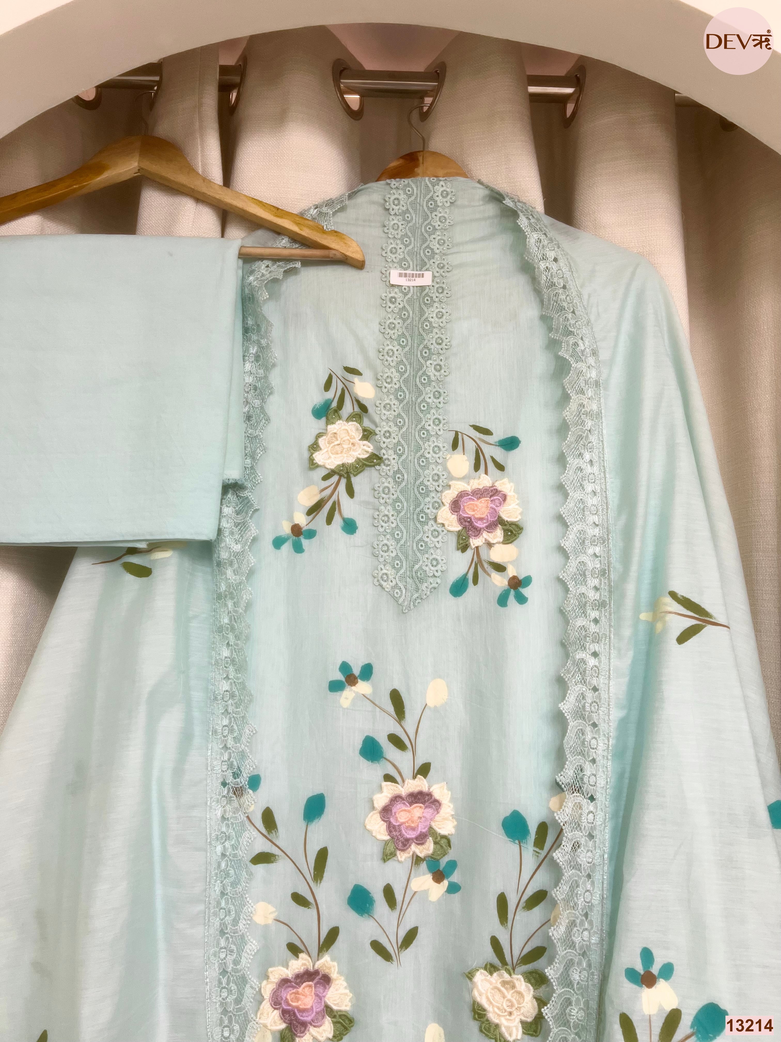 Blue Mul Chanderi Embroidered Unstitched 3-Piece Suit (Devri – D.No 13214)