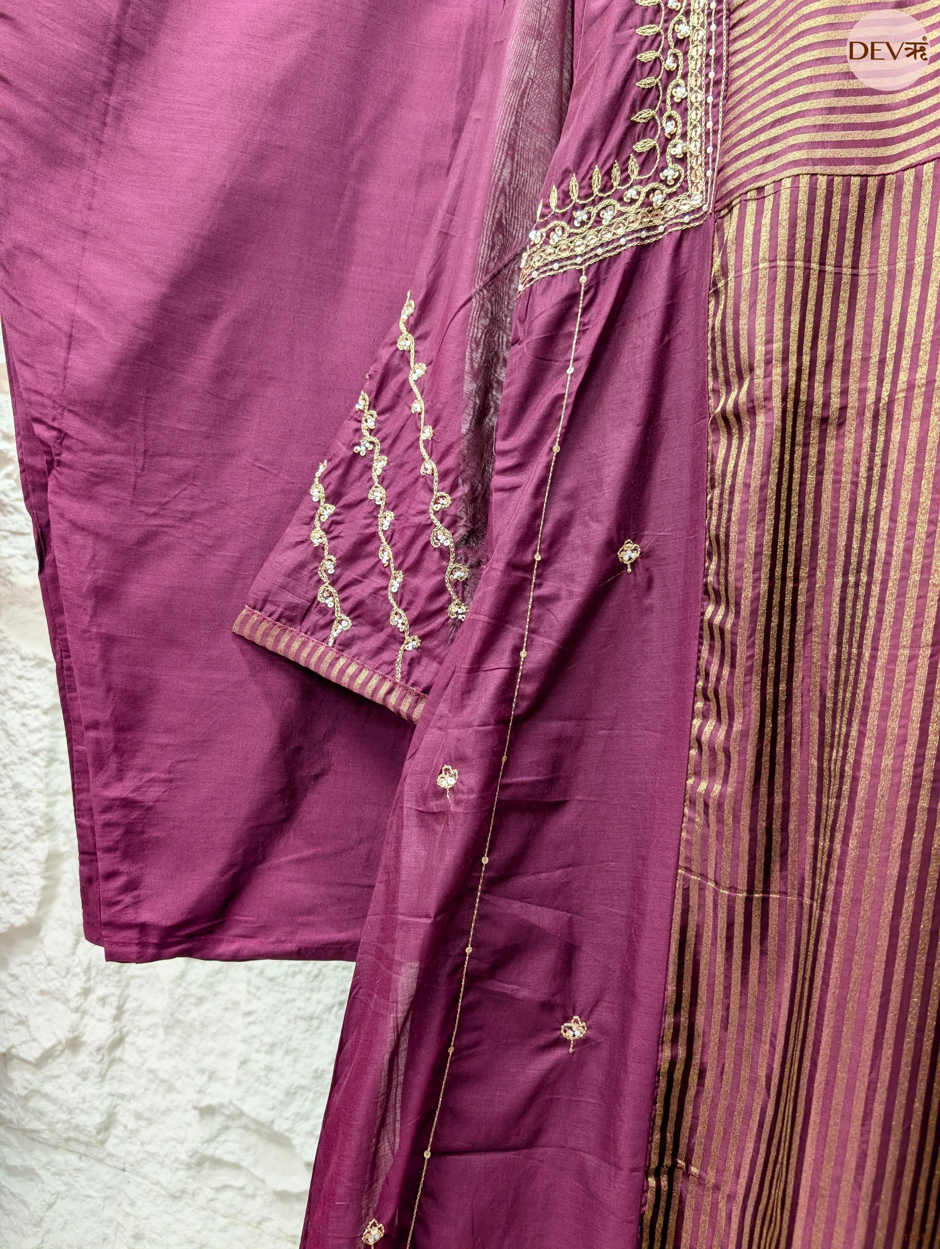 Meher Mul chanderi Embroidered Wine 3-Piece Set (Devri – D.No 13514)
