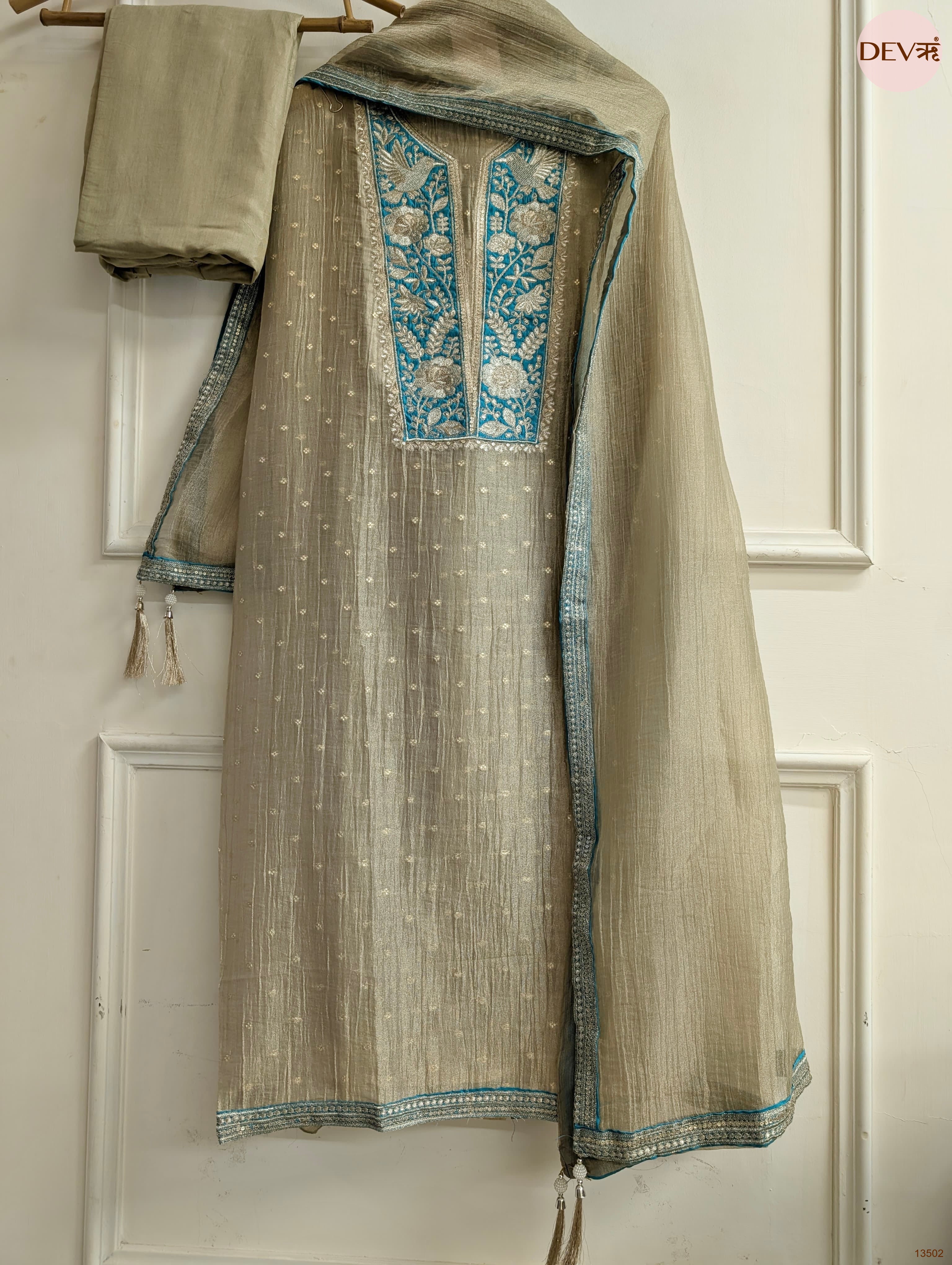 Grey Tissue Silk Embroidered Unstitched 3-Piece Suit (Devri – D.No 13502)