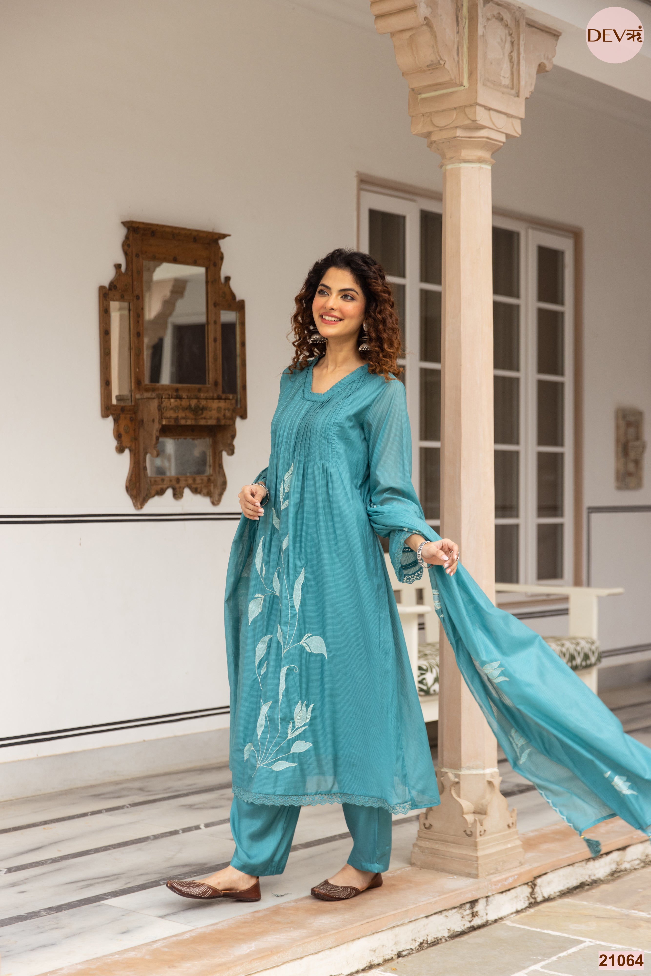 Neelambara Mul cotton Embroidered Teal 3-Piece Set (Devri – D.No 21064)
