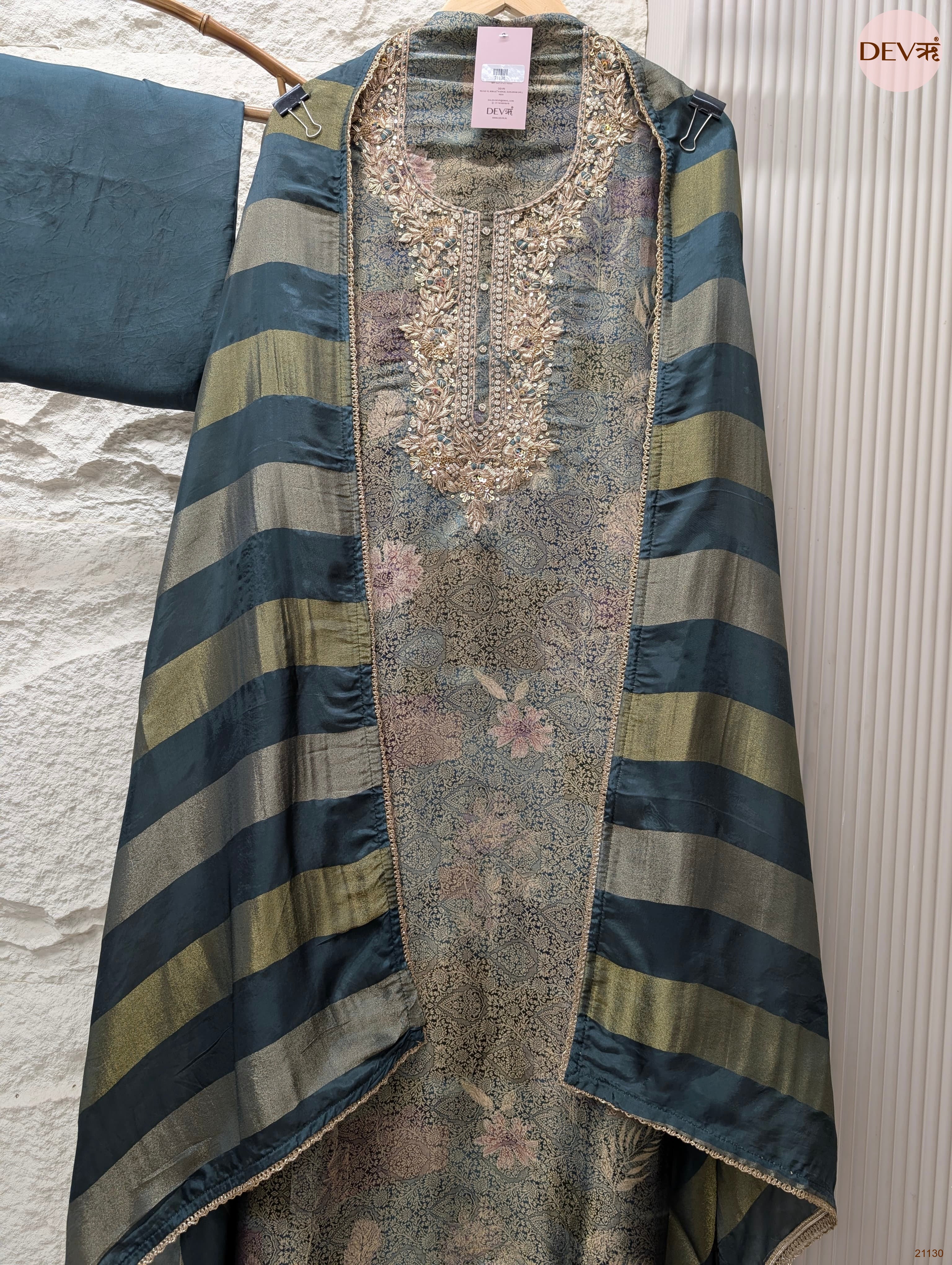 Teal Pure Banarasi Woven Silk Embroidered Unstitched 3-Piece Suit (Devri – D.No 21130)