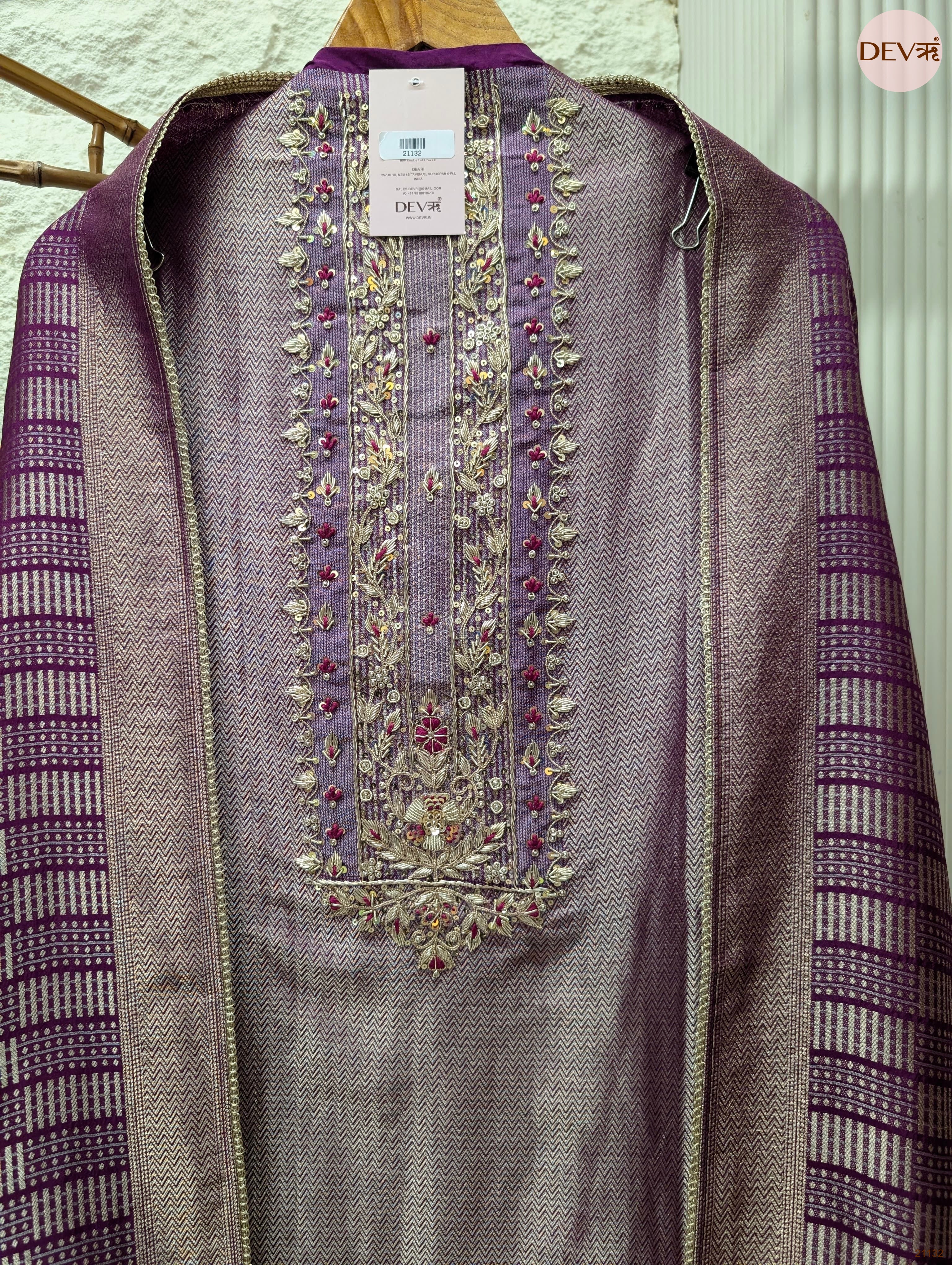Purple Pure Giraffe Banarasi Silk Embroidered Unstitched 3-Piece Suit (Devri – D.No 21132)