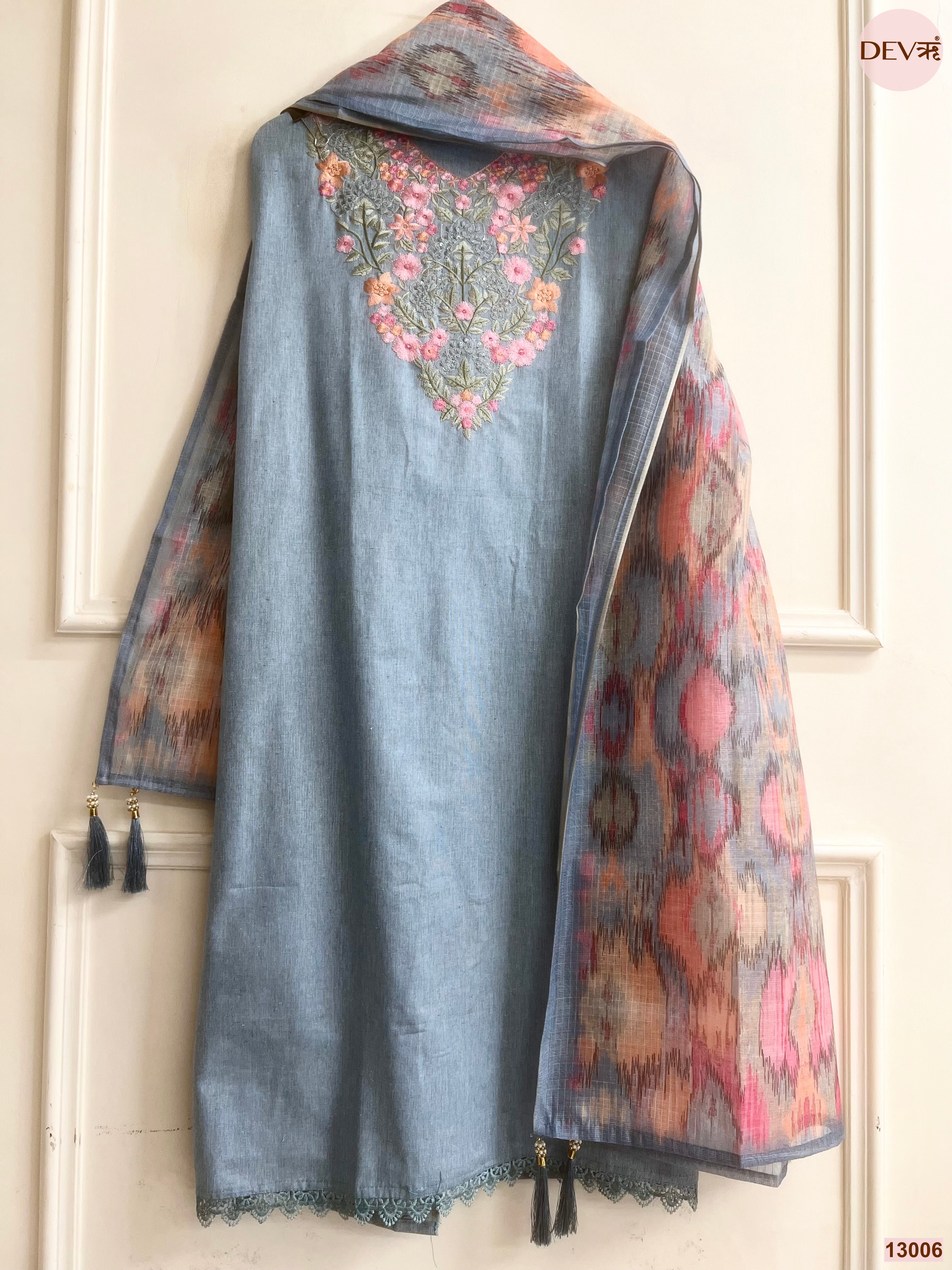 Blue Cotton Handloom Embroidered Unstitched 3-Piece Suit (Devri – D.No 13006)