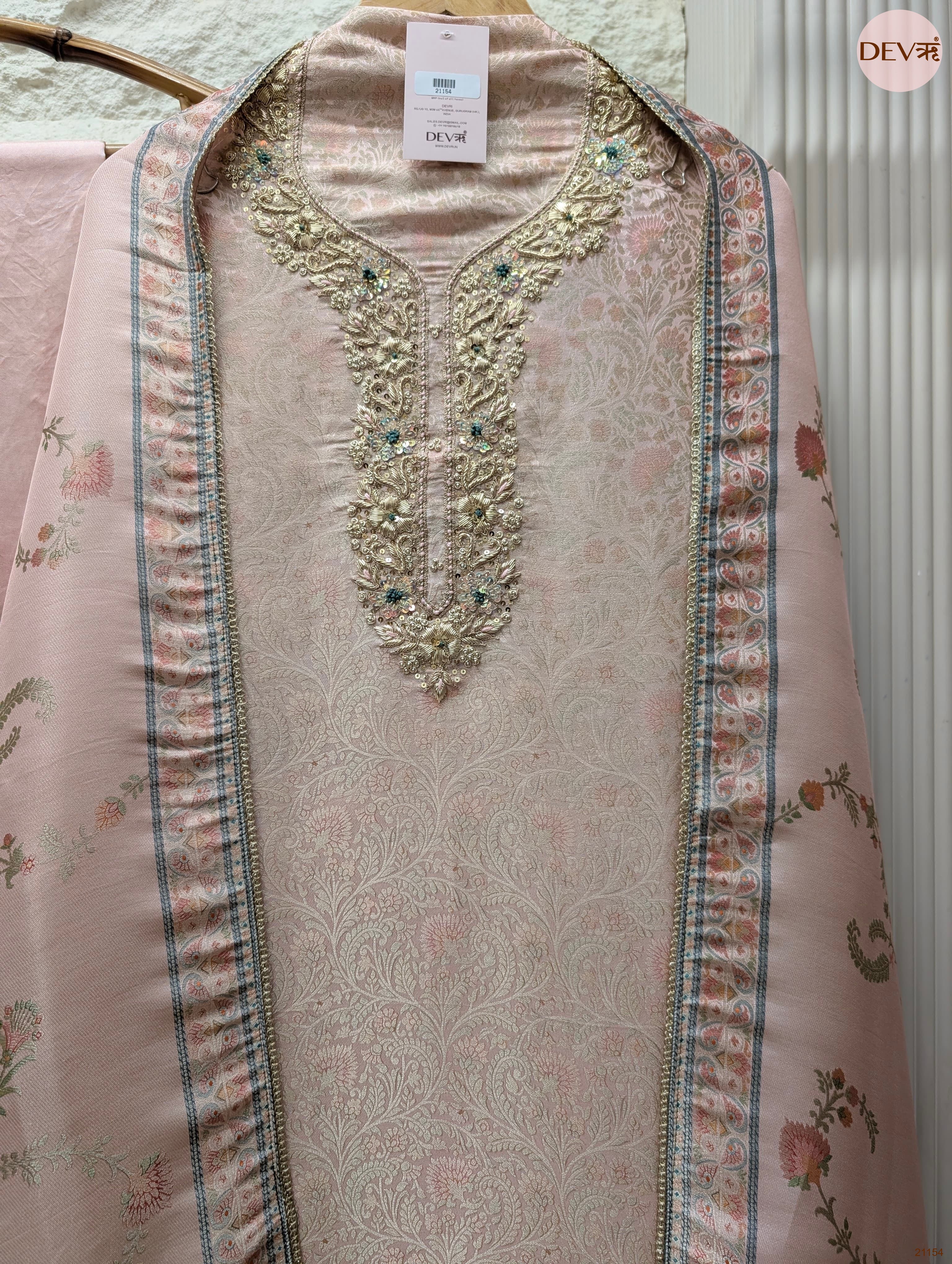 Pink Pure Banarasi Woven Silk Embroidered Unstitched 3-Piece Suit (Devri – D.No 21154)