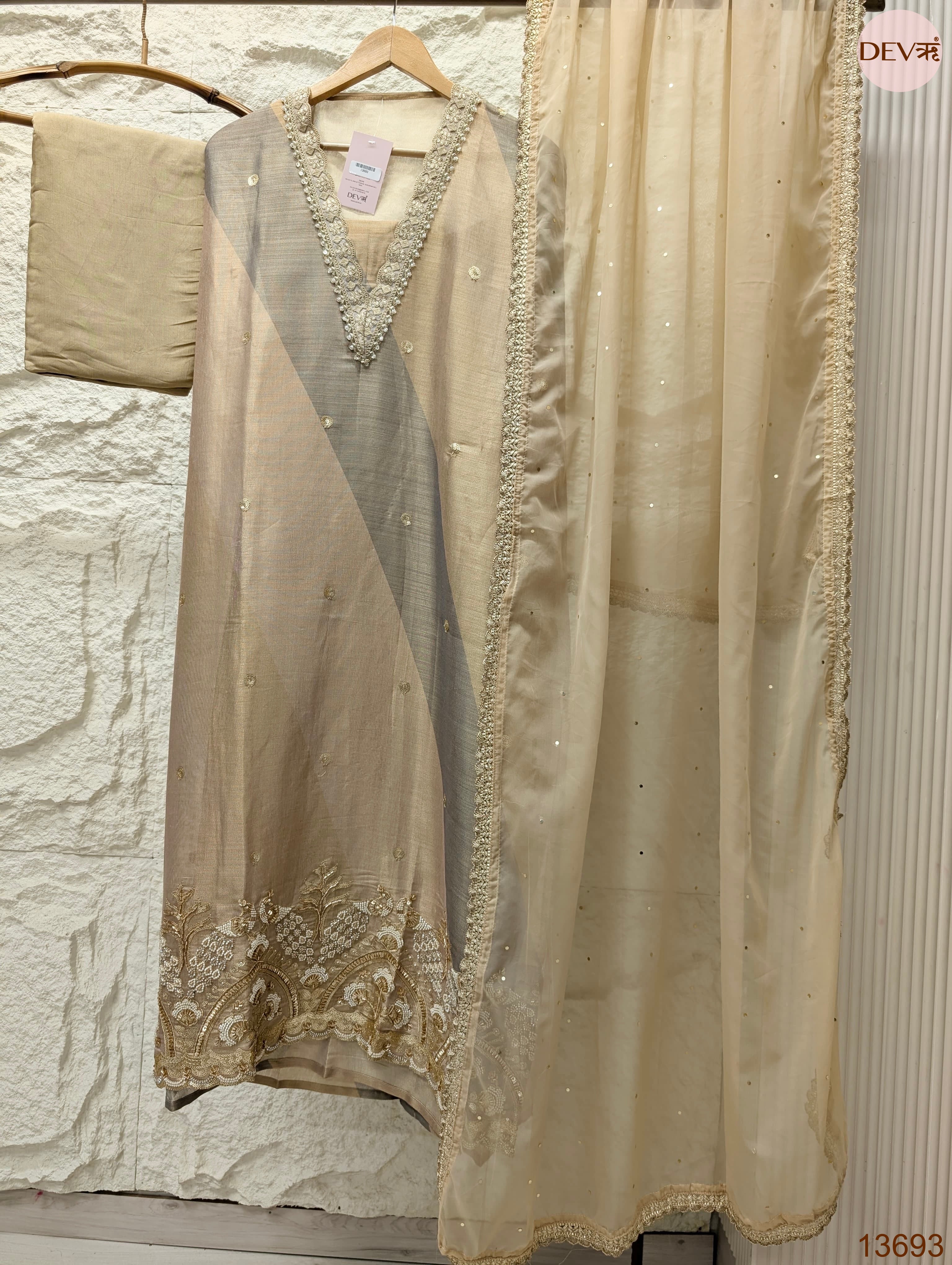 Beige Tissue Silk Embroidered Unstitched 3-Piece Suit (Devri – D.No 13693)