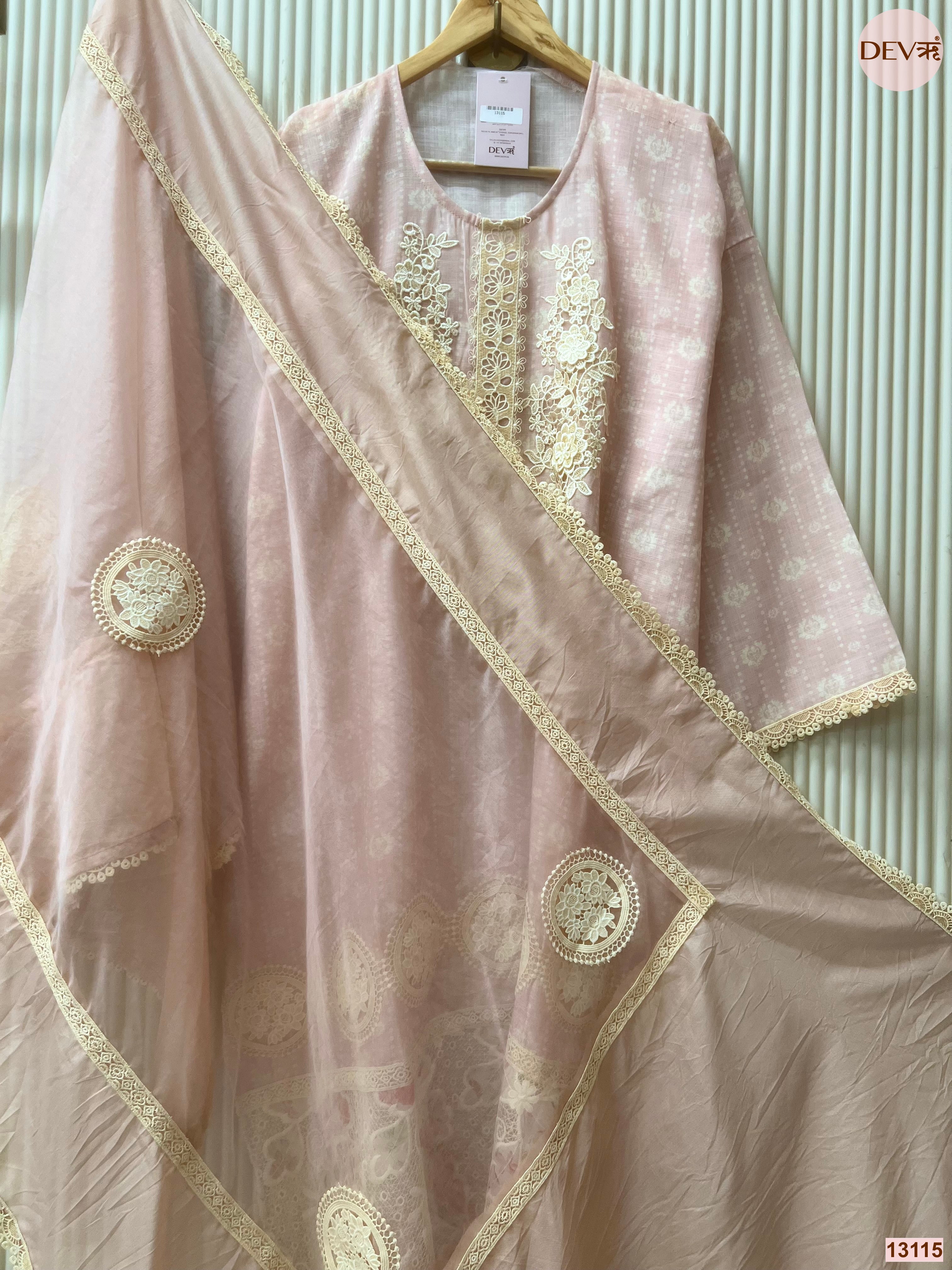 Pink Linen Cotton Embroidered Unstitched 3-Piece Suit (Devri – D.No 13115)