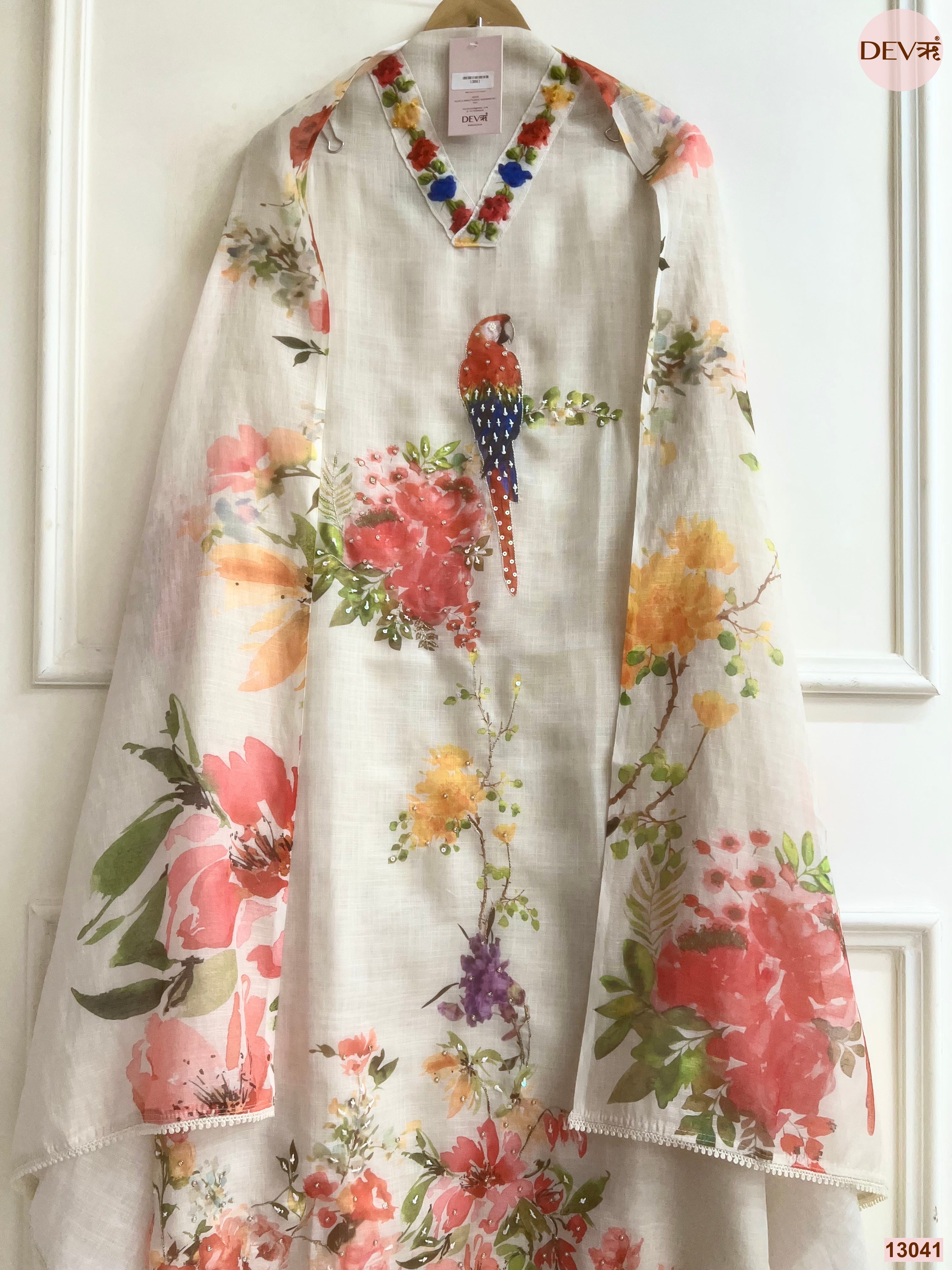 Beige Linen Printed Unstitched 3-Piece Suit (Devri – D.No 13041)