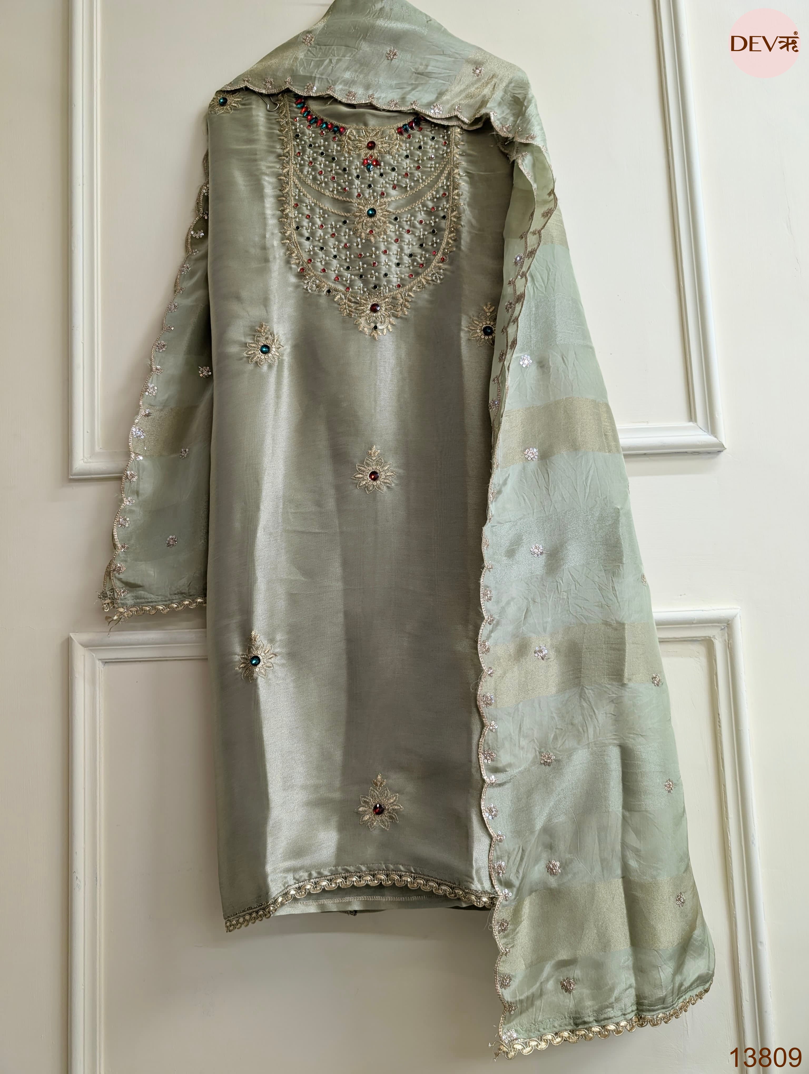 Sage Pure Tissue Giraffe Silk Embroidered Unstitched 3-Piece Suit (Devri – D.No 13809)