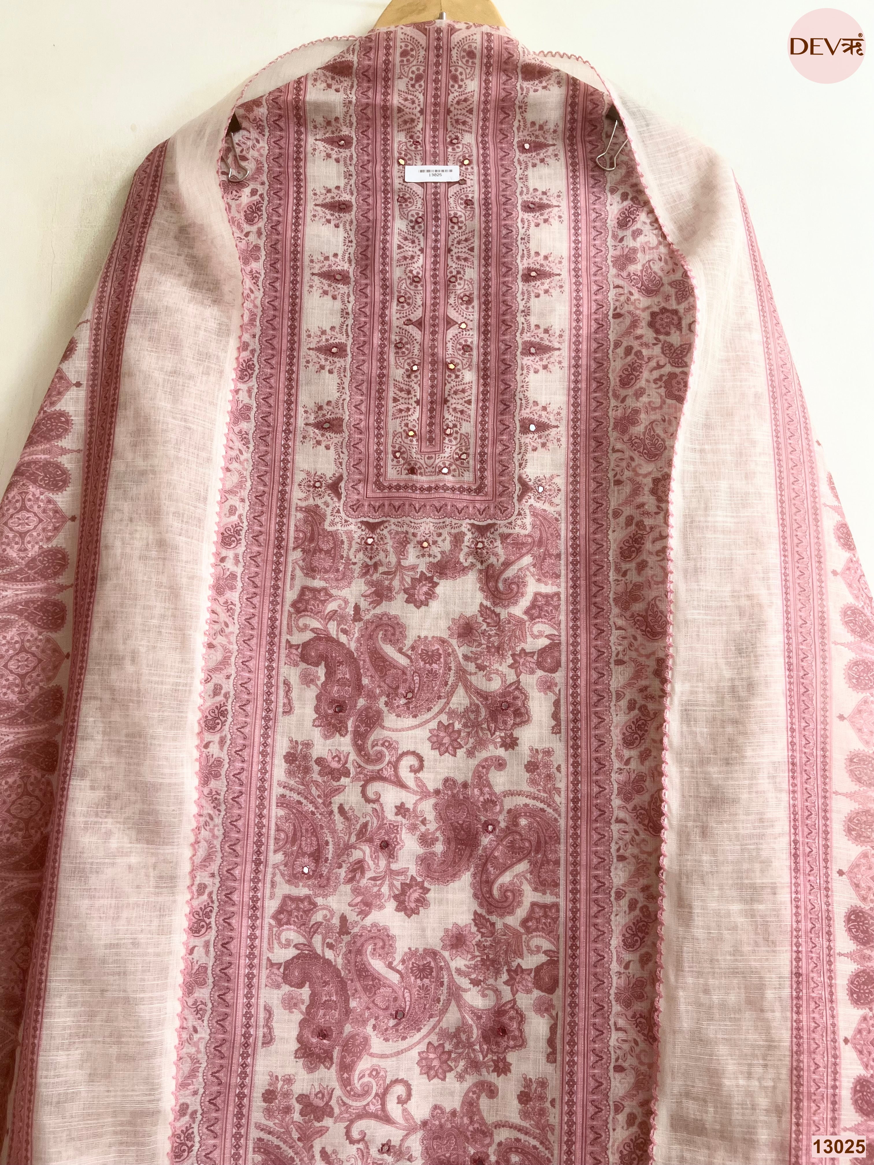 Pink Linen Printed Unstitched 3-Piece Suit (Devri – D.No 13025)