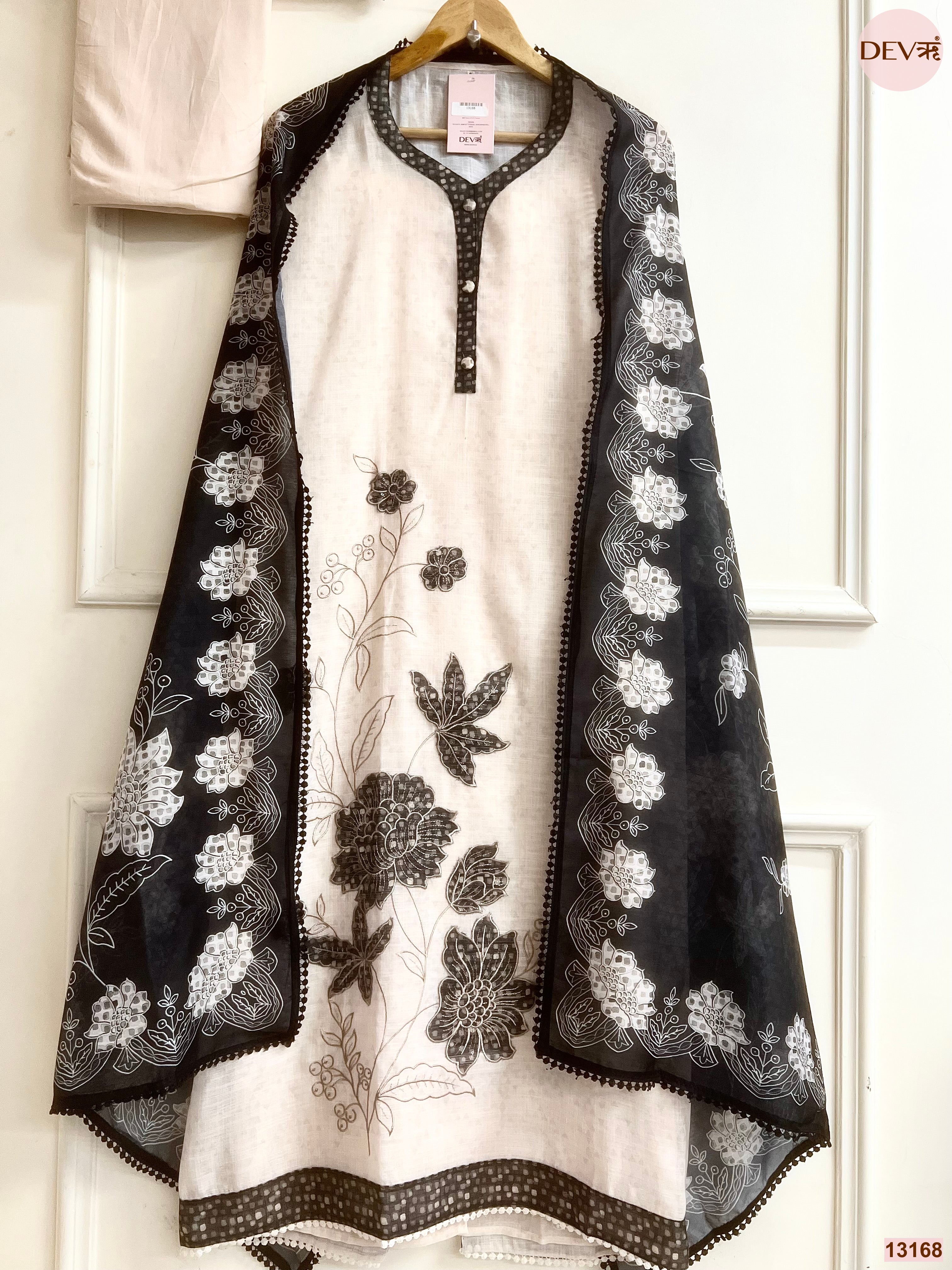 Cream Linen Cotton Printed Unstitched 3-Piece Suit (Devri – D.No 13168)