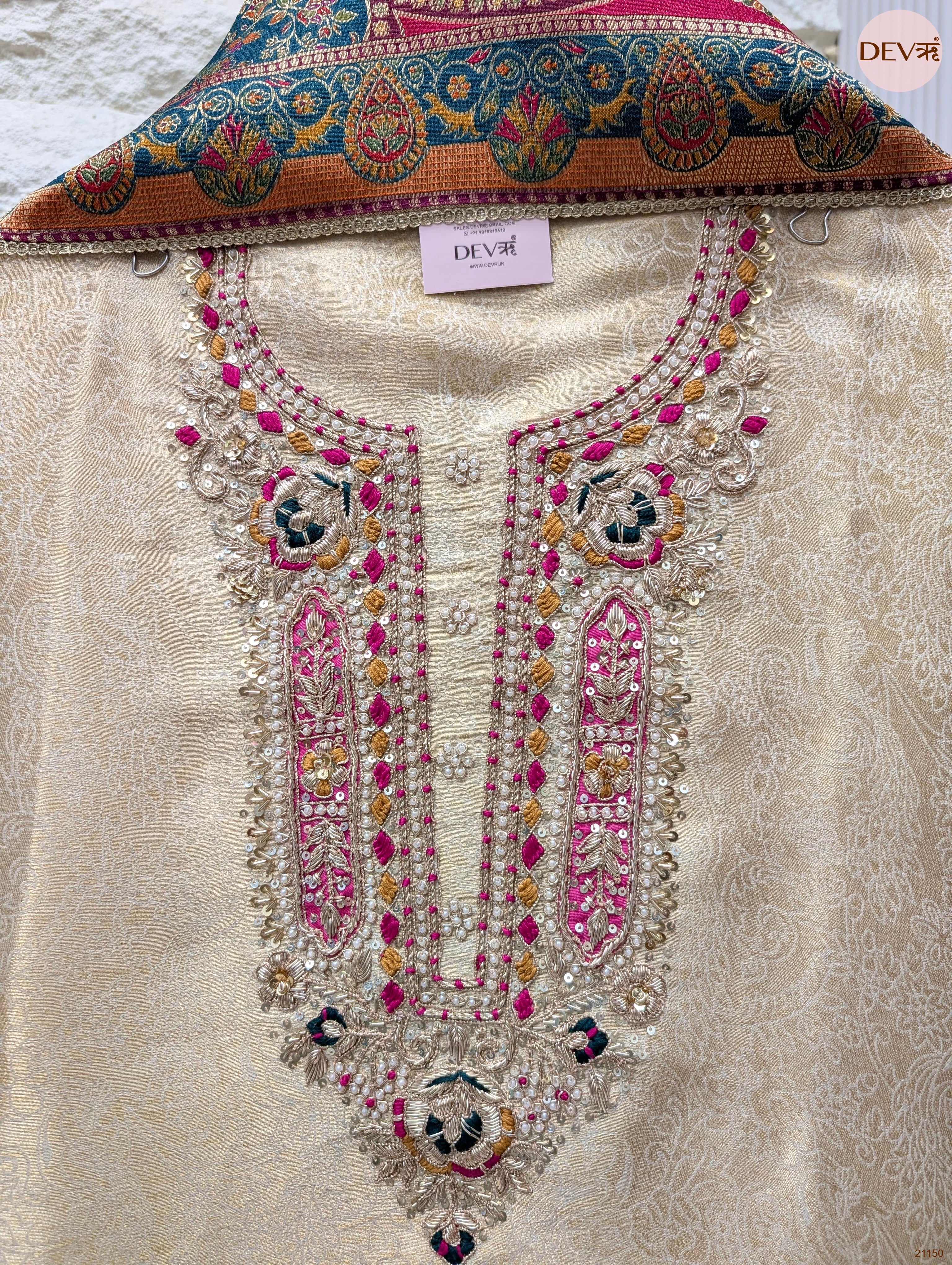 Cream Pure Banarasi Woven Silk Embroidered Unstitched 3-Piece Suit (Devri – D.No 21150)