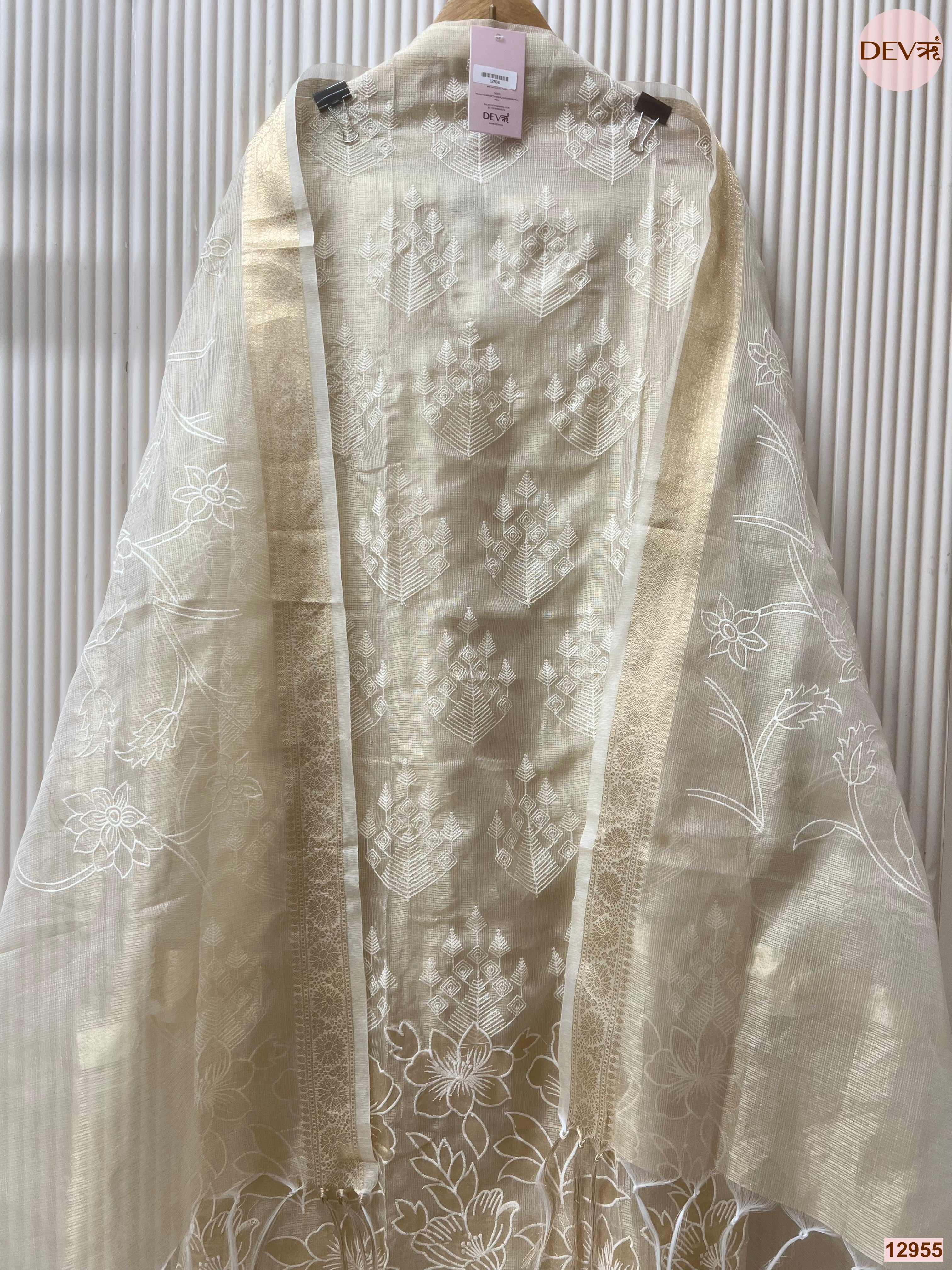 Cream Kota silk Embroidered Unstitched 3-Piece Suit (Devri – D.No 12955)