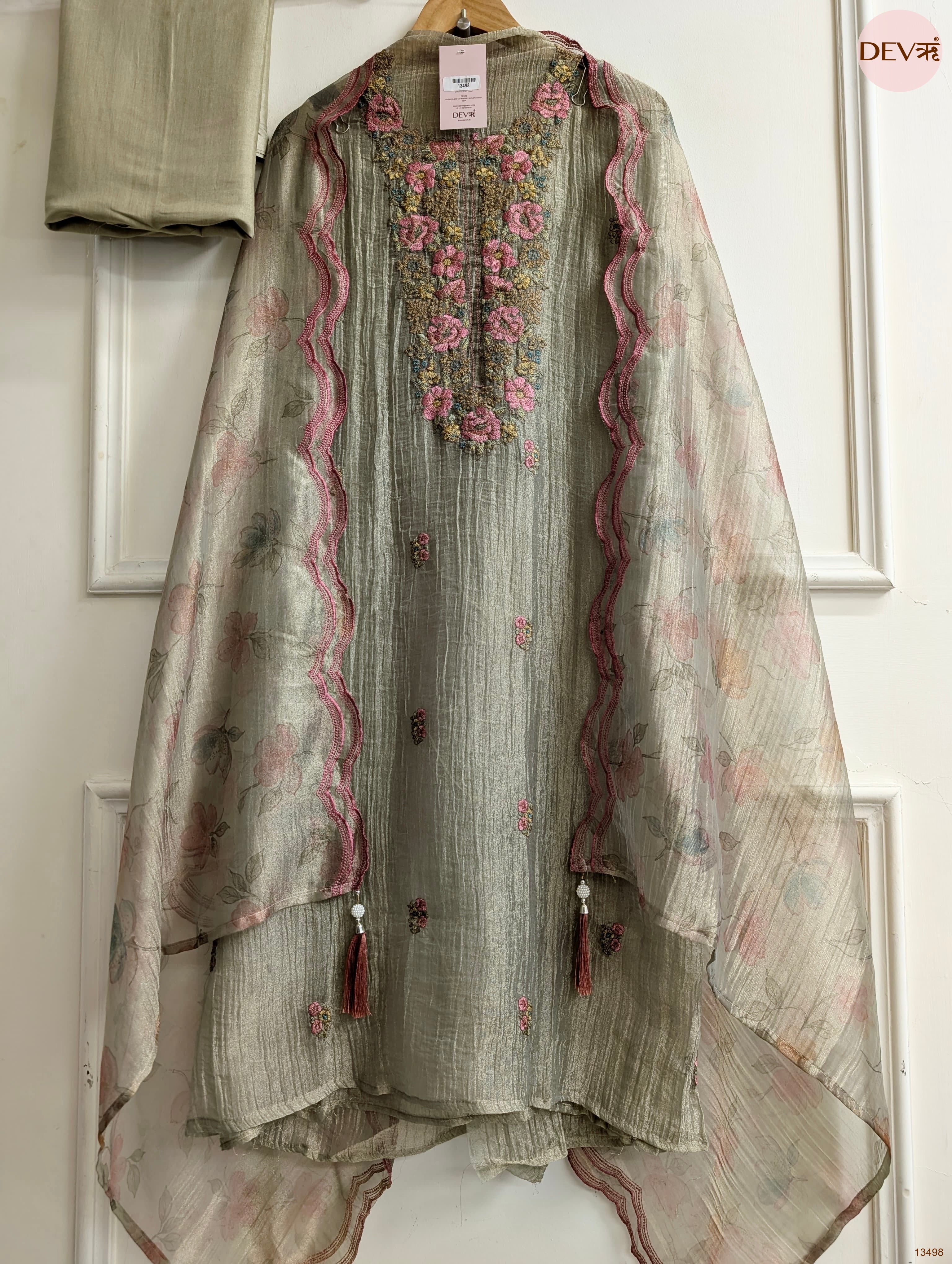 Olive Tissue Crush Silk Embroidered Unstitched 3-Piece Suit (Devri – D.No 13498)