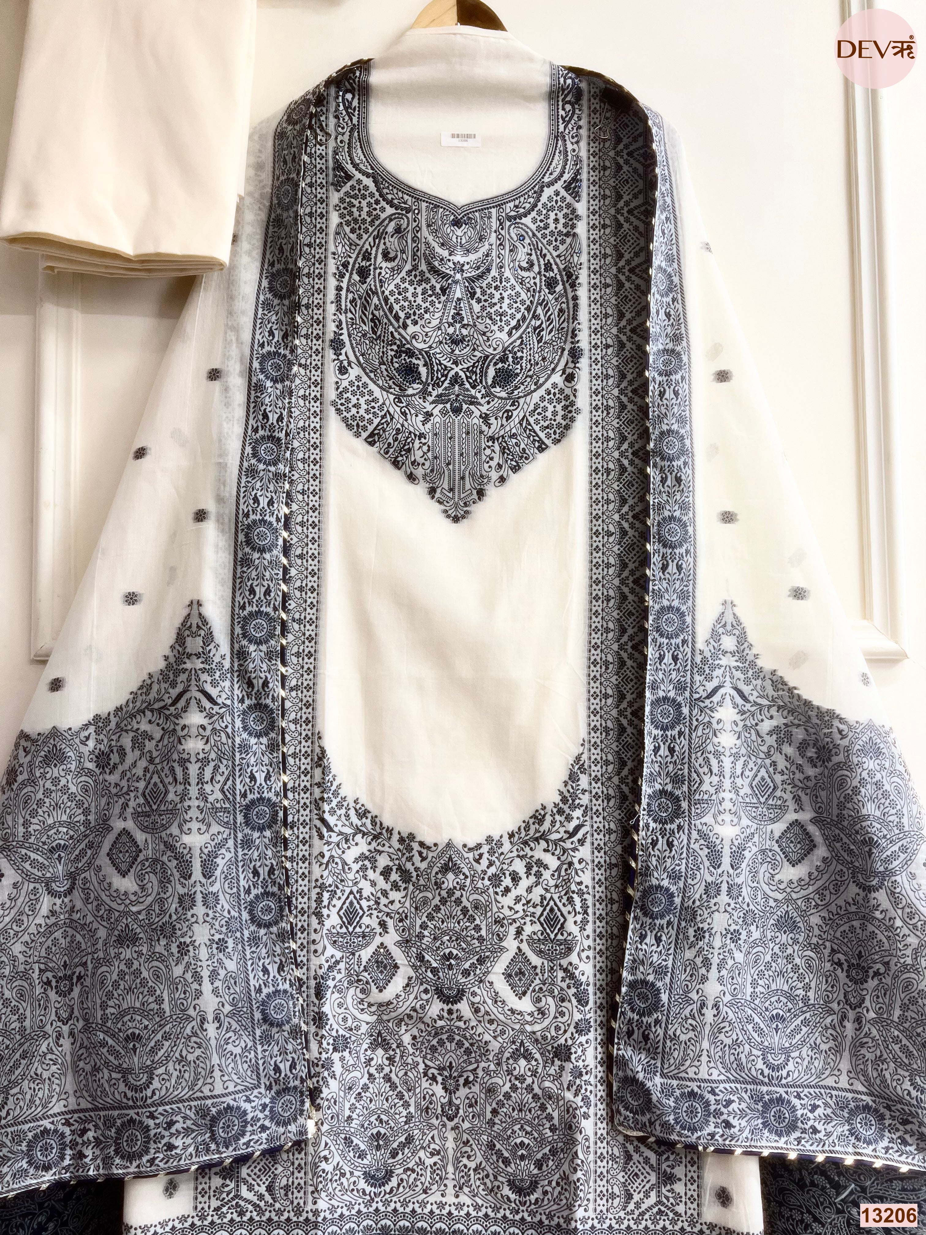 White Jamdani Cotton Printed Unstitched 3-Piece Suit (Devri – D.No 13206)
