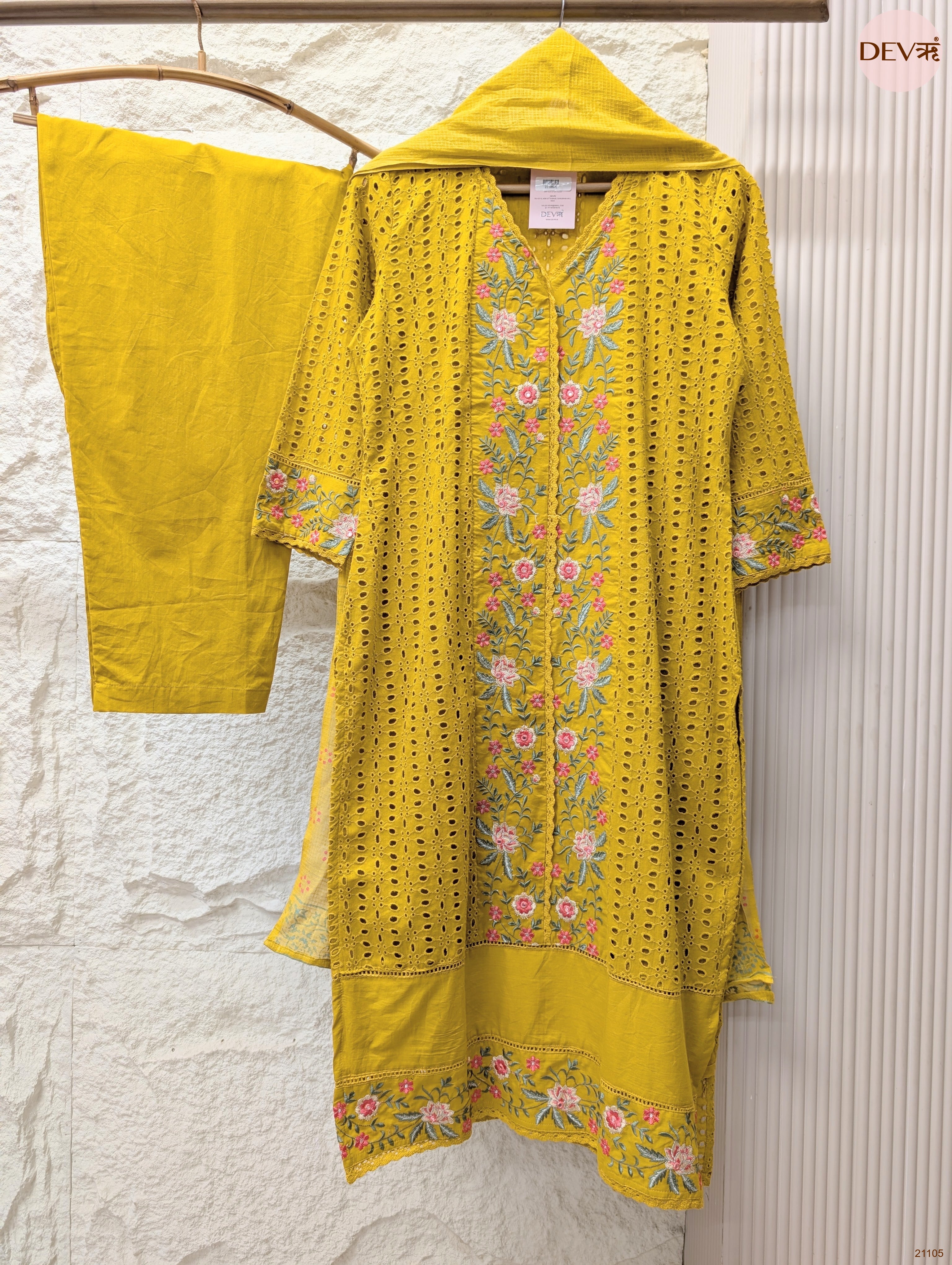 Gulnaar Pure cotton Embroidered Mustard 3-Piece Set (Devri – D.No 21105)