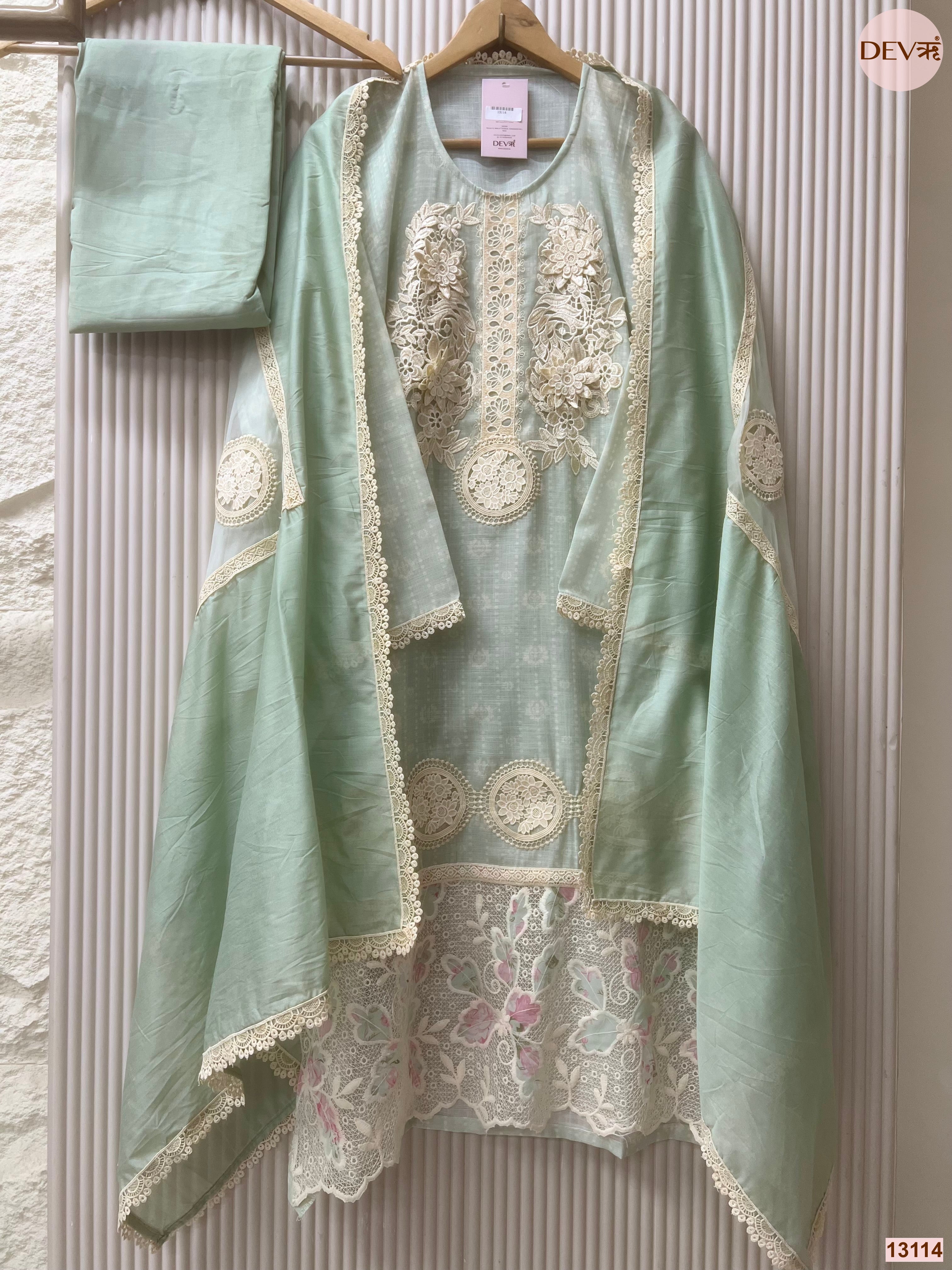 Mint Linen Cotton Embroidered Unstitched 3-Piece Suit (Devri – D.No 13114)