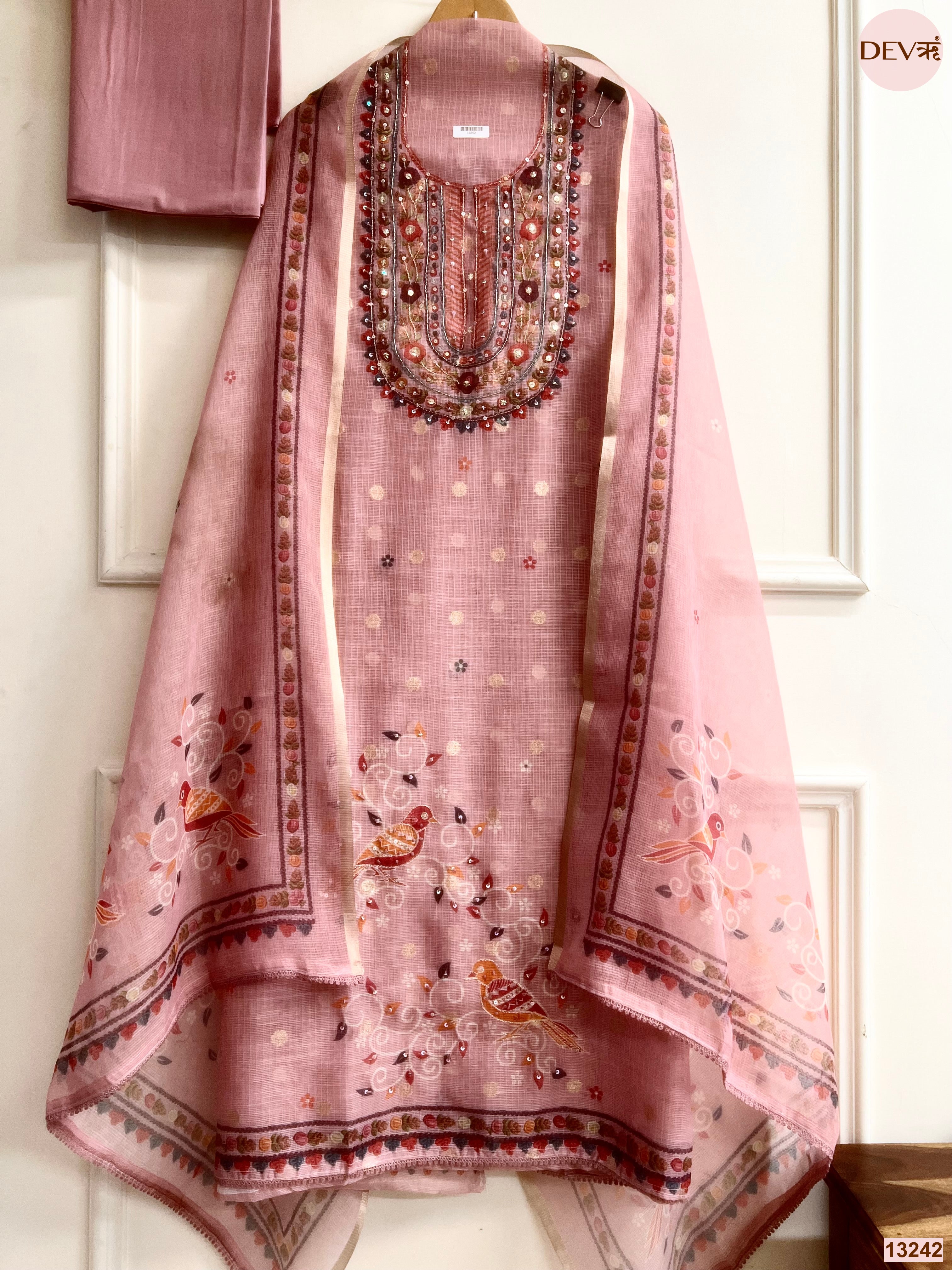 Pink Kota Printed Unstitched 3-Piece Suit (Devri – D.No 13242)