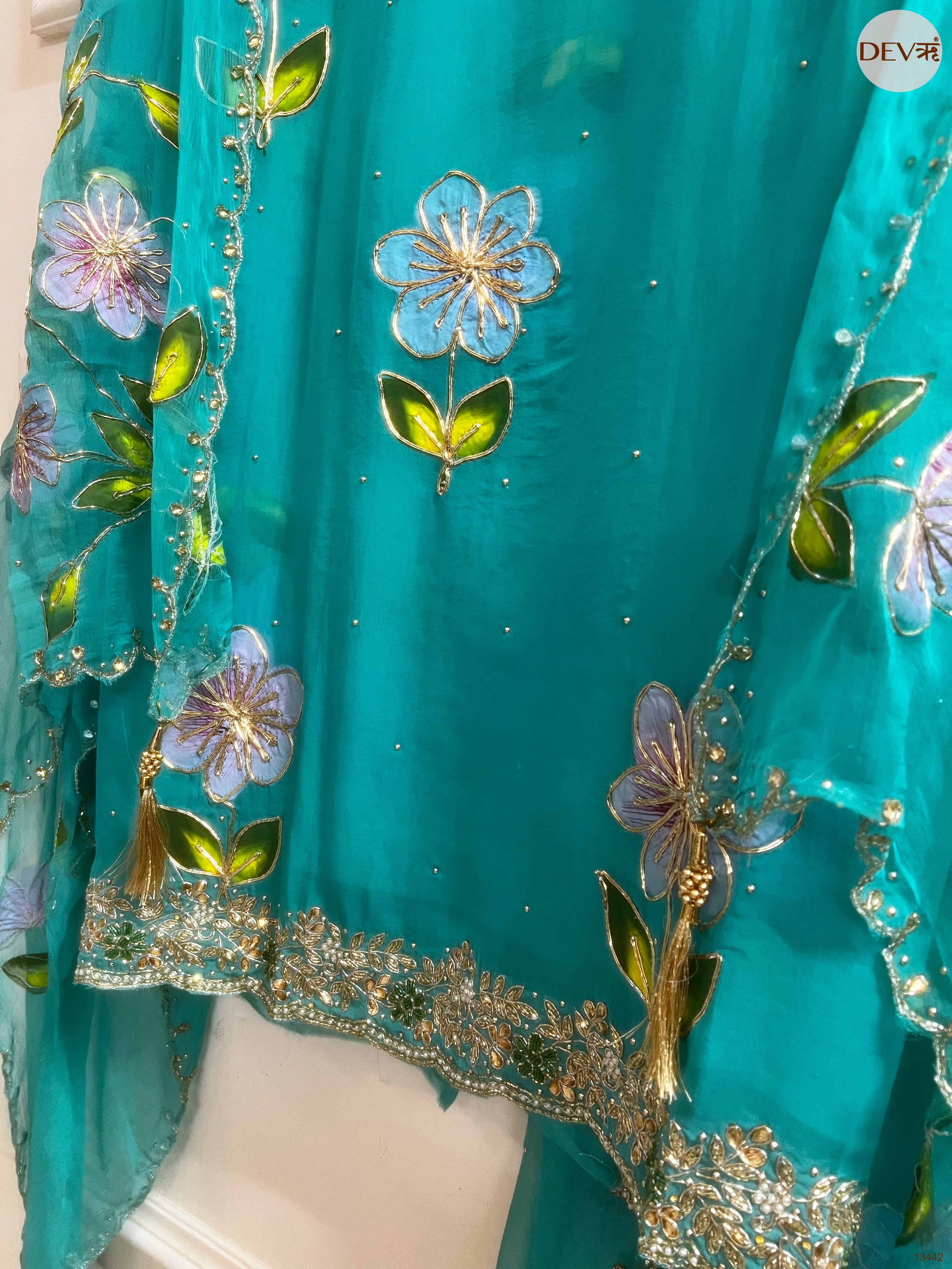 Teal viscose organza Embroidered Unstitched 3-Piece Suit (Devri – D.No 13442)