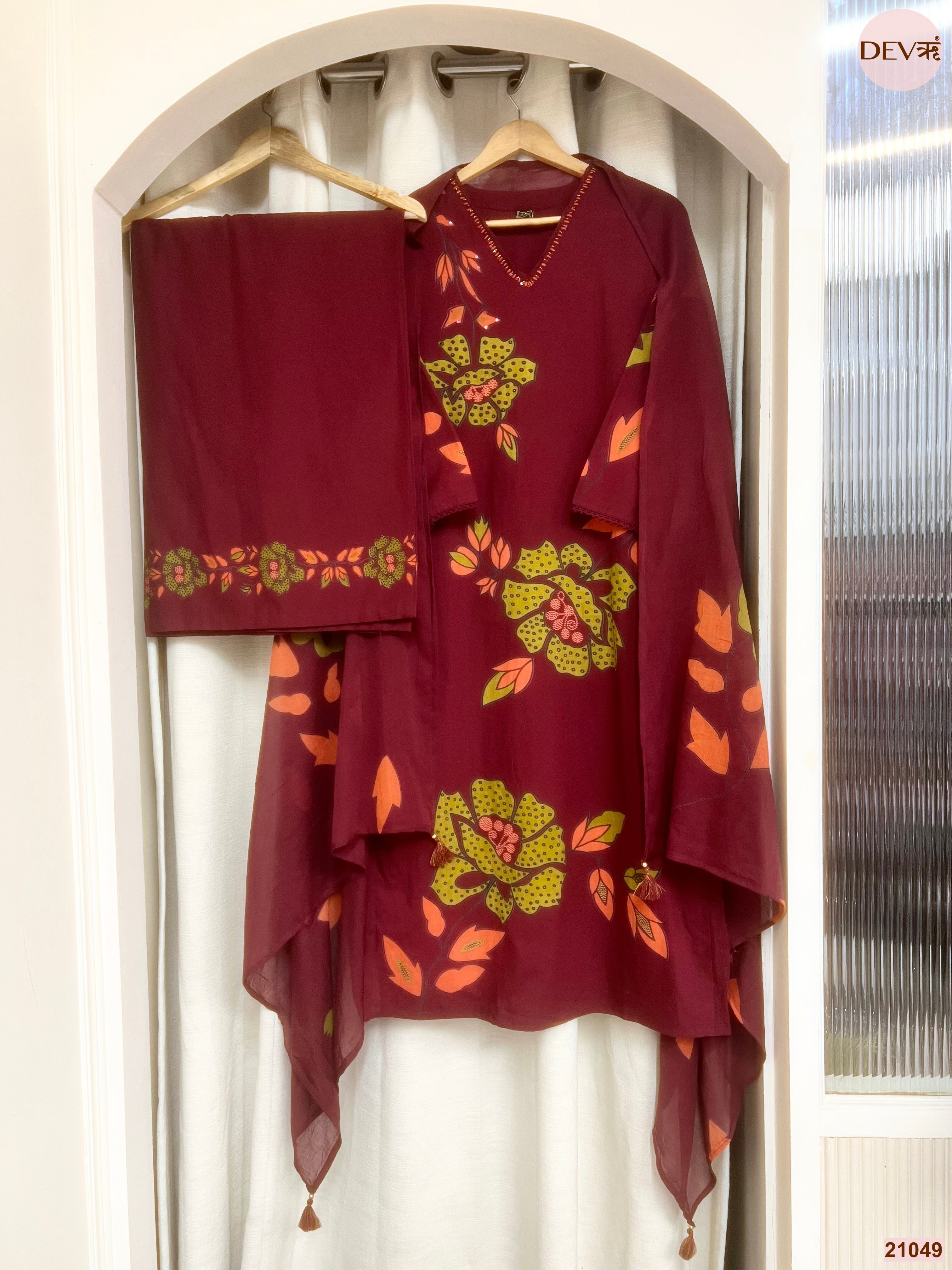 Gulnaar Cotton Slub Printed Maroon 3-Piece Set (Devri – D.No 21049)