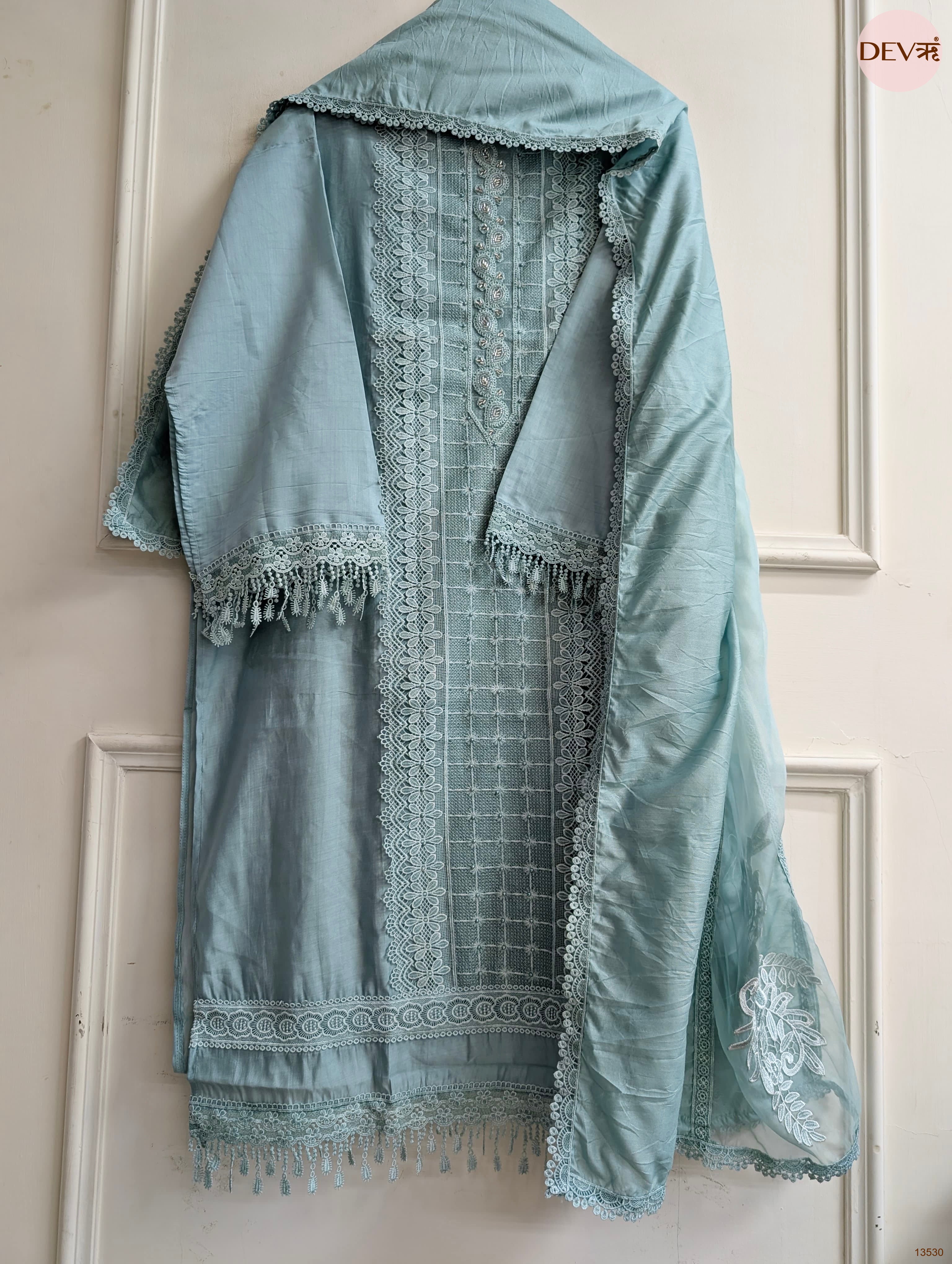 Sea Green Modal Silk Embroidered Unstitched 3-Piece Suit (Devri – D.No 13530)