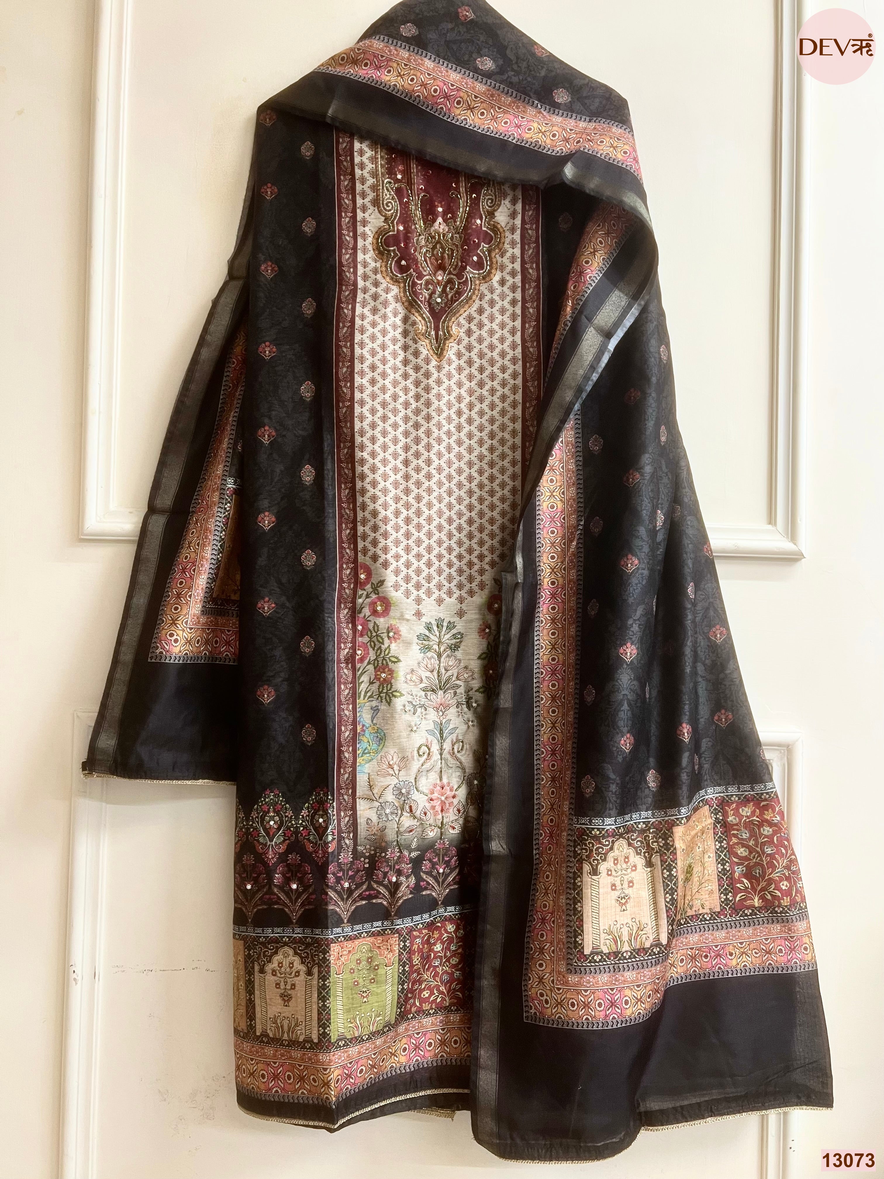 Black Linen Cotton Printed Unstitched 3-Piece Suit (Devri – D.No 13073)