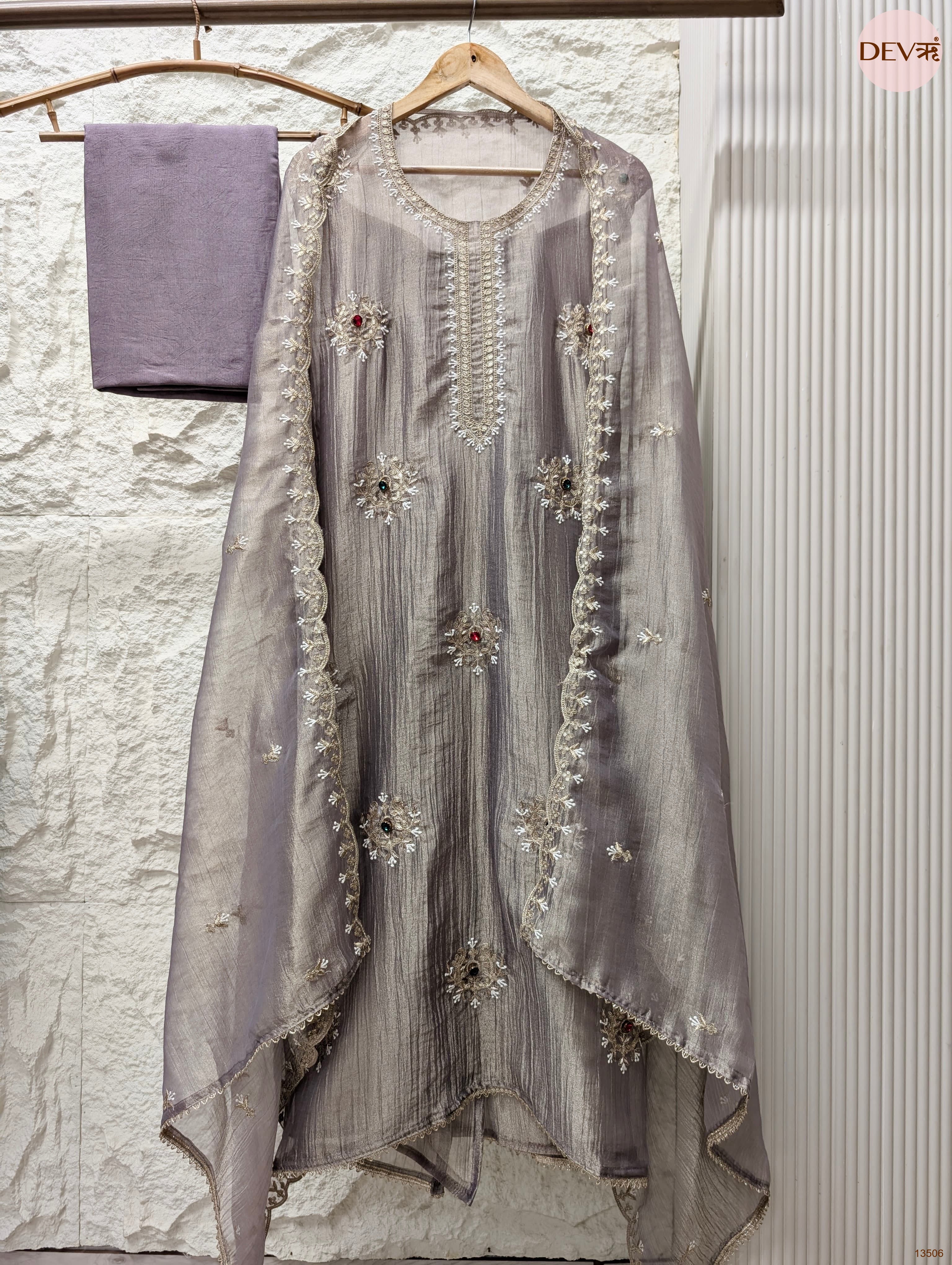 Mauve Tissue Crush Silk Embroidered Unstitched 3-Piece Suit (Devri – D.No 13506)