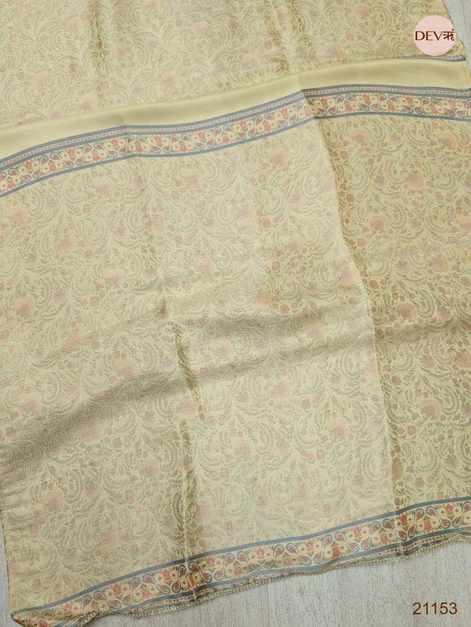Cream Pure Banarasi Woven Silk Printed Unstitched 3-Piece Suit (Devri – D.No 21153)