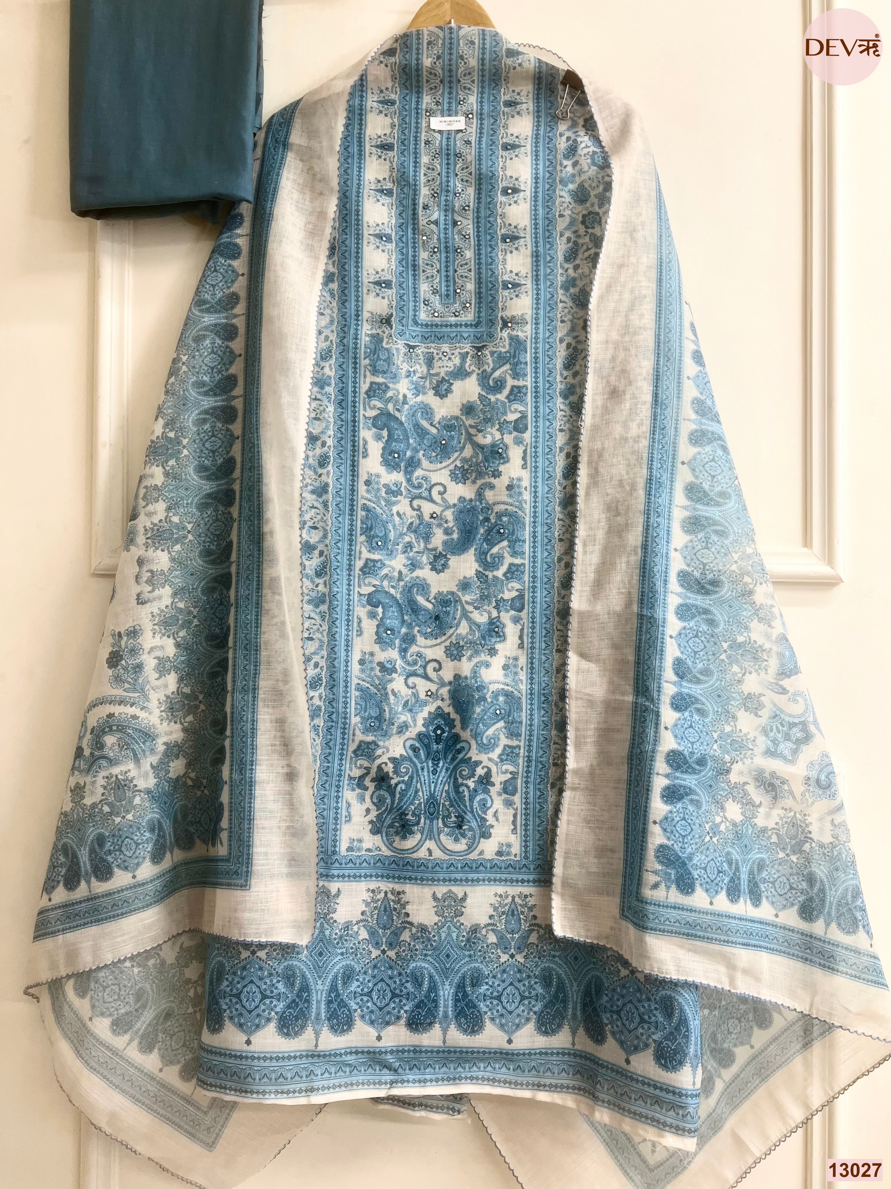 Off White Linen Printed Unstitched 3-Piece Suit (Devri – D.No 13027)
