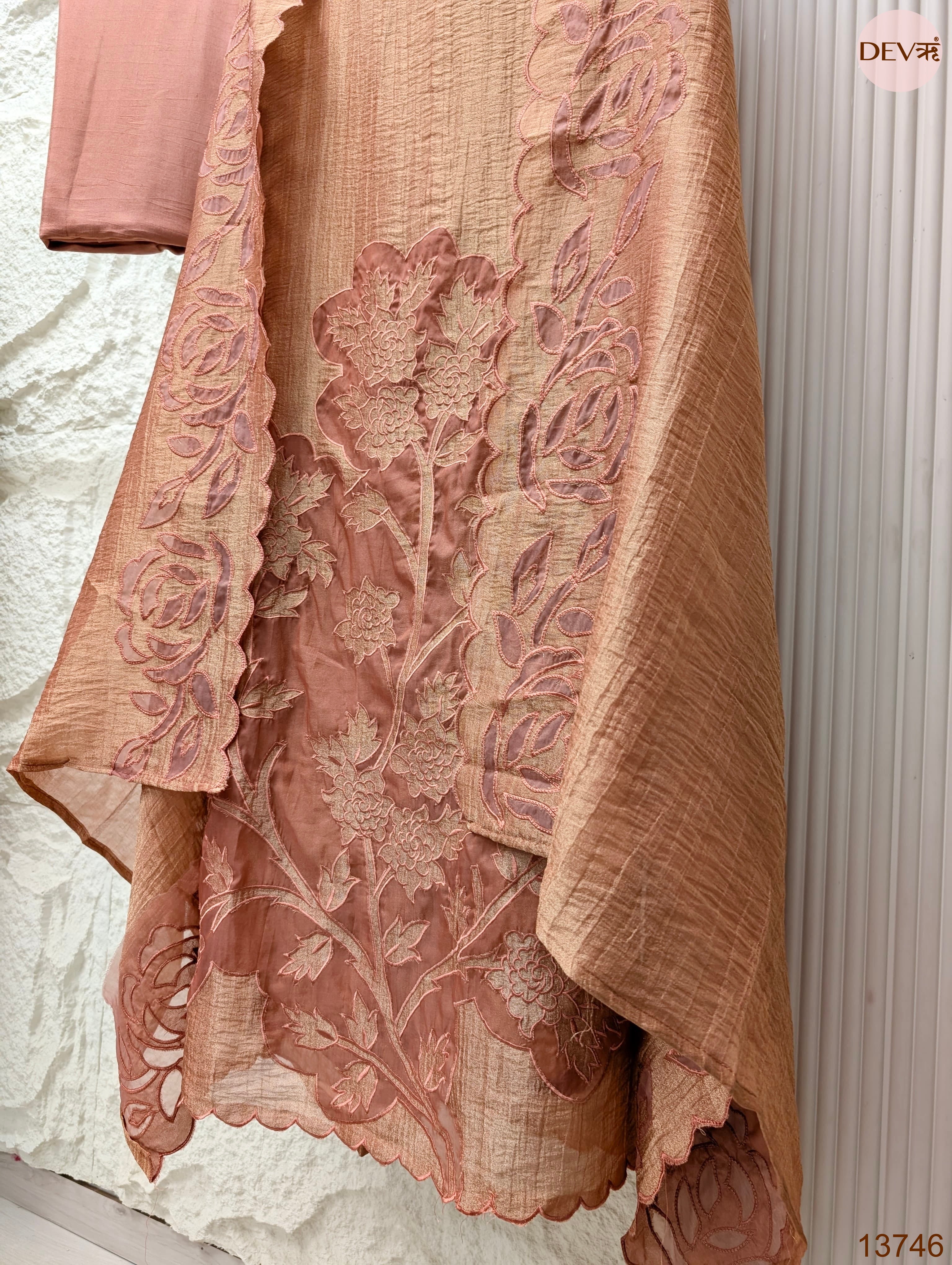Peach Tissue Crush Silk Embroidered Unstitched 3-Piece Suit (Devri – D.No 13746)