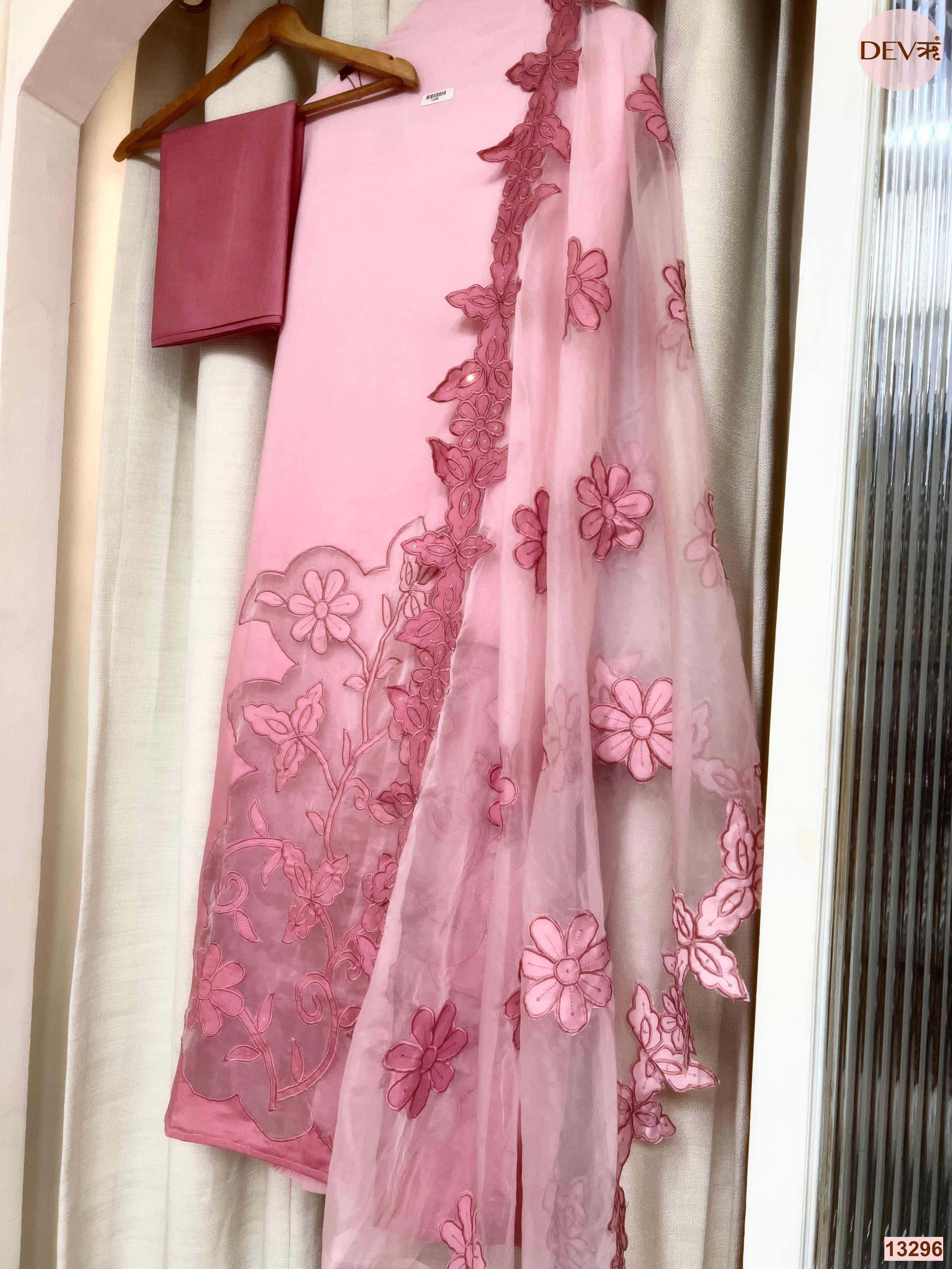 Pink Mul Chanderi Embroidered Unstitched 3-Piece Suit (Devri – D.No 13296)