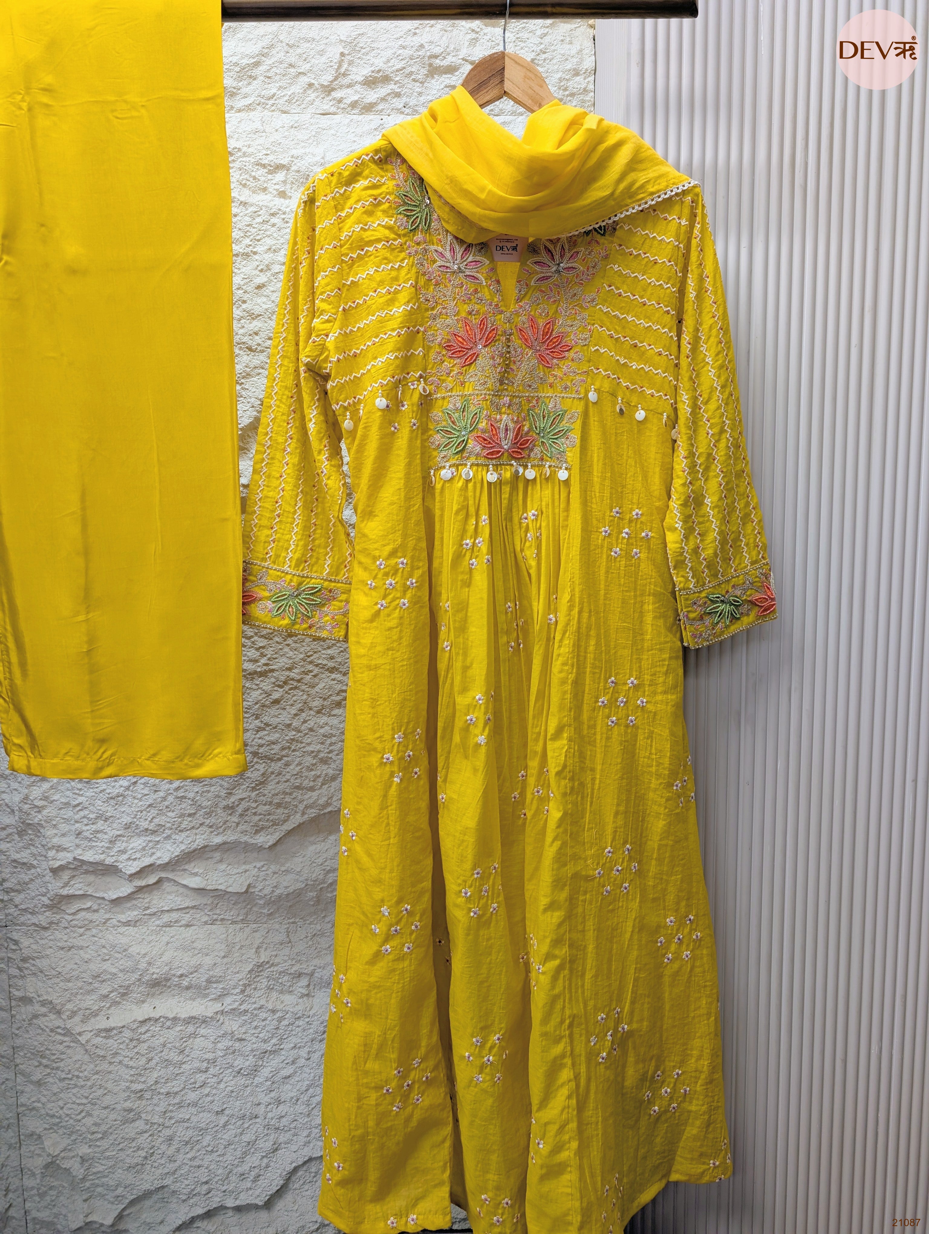 Gulnaar Mul Chanderi Embroidered Yellow 3-Piece Set (Devri – D.No 21087)